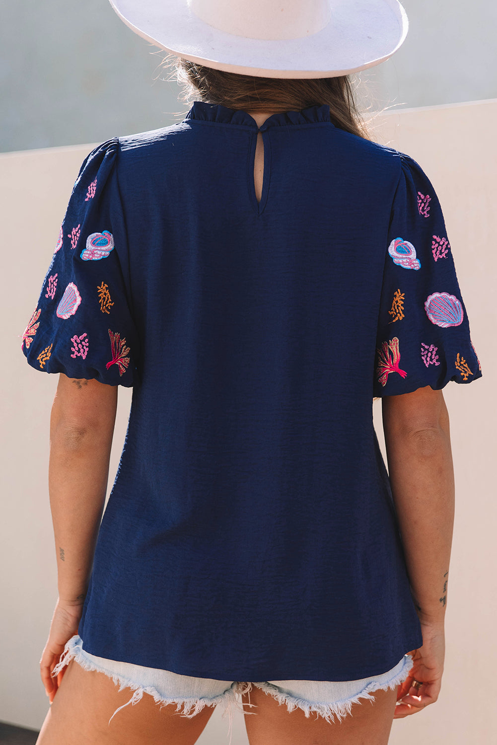 Blue Zone Planet | Sail Blue Shellfish Coral Embroidery Puff Sleeve Frilled Neck Blouse-Tops/Blouses & Shirts-[Adult]-[Female]-2022 Online Blue Zone Planet