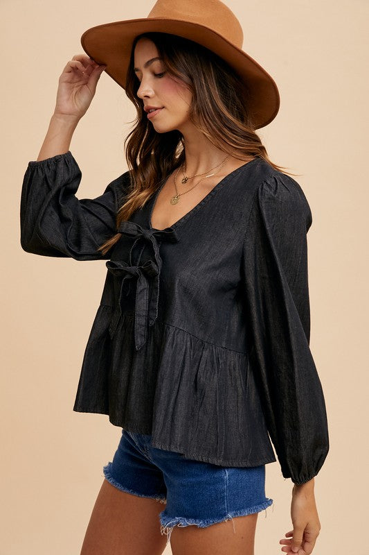 Annie Wear Tie Front Peplum Long Sleeve Denim Top-TOPS / DRESSES-[Adult]-[Female]-2022 Online Blue Zone Planet