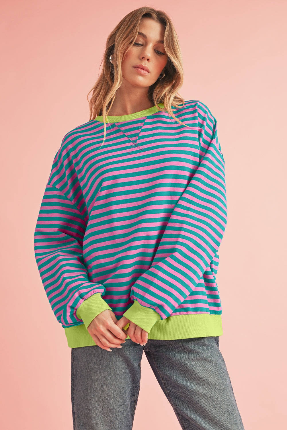 Black Stripe Contrast Edge Cross Seam Oversized Sweatshirt-Sweatshirts & Hoodies-[Adult]-[Female]-Green Stripe-S-2022 Online Blue Zone Planet