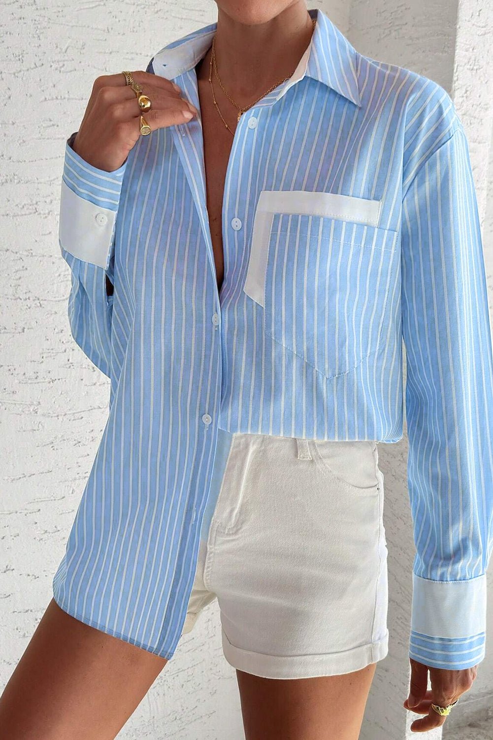 Sky Blue Stripe Contrast Patch Pocket Cuffed Sleeve Casual Shirt-Tops/Blouses & Shirts-[Adult]-[Female]-2022 Online Blue Zone Planet