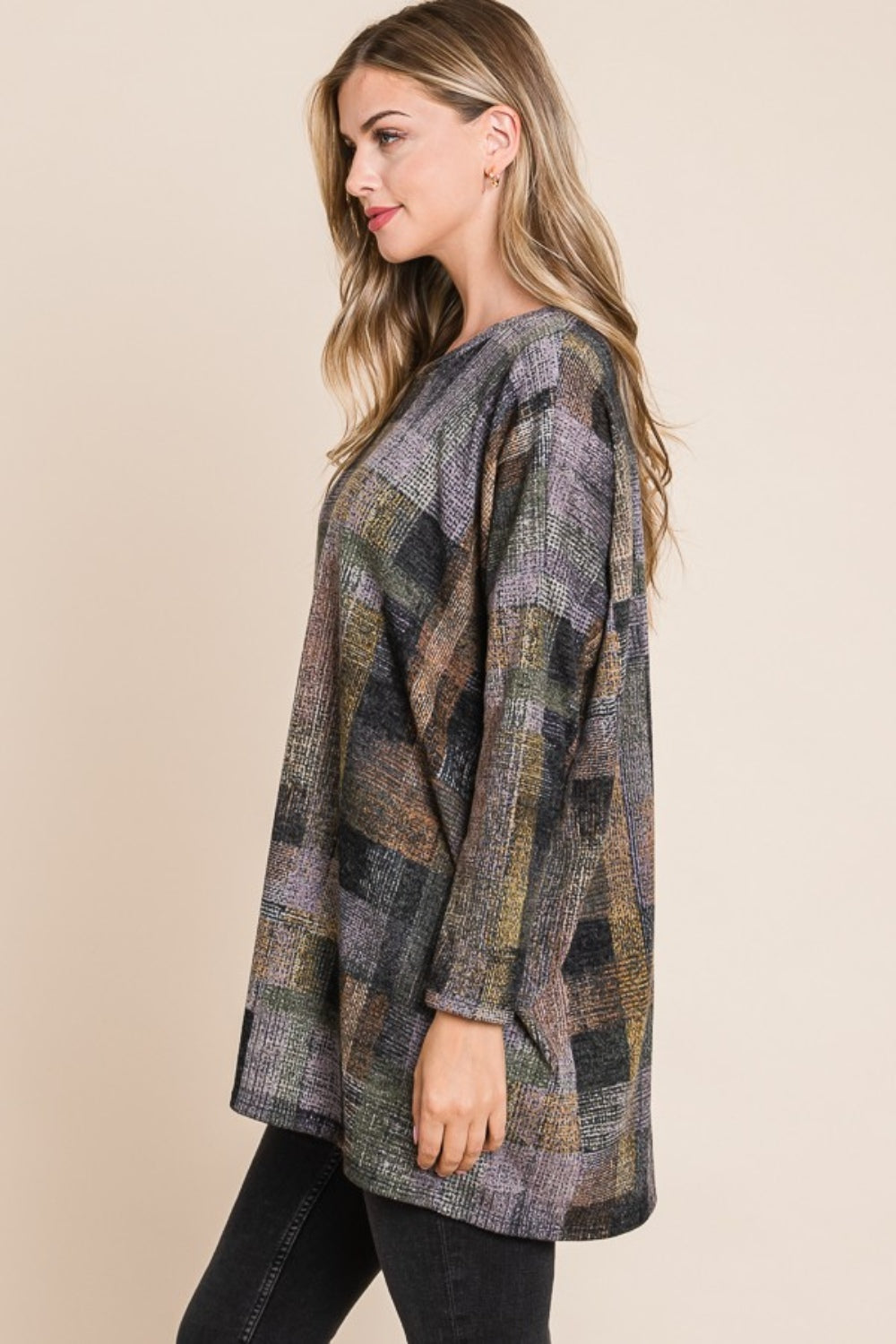 BOMBOM Plaid Round Neck Long Sleeve Top-TOPS / DRESSES-[Adult]-[Female]-2022 Online Blue Zone Planet