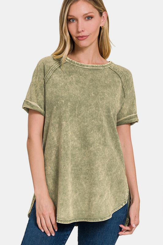 Blue Zone Planet | Zenana Heathered Round Neck Short Sleeve Top-TOPS / DRESSES-[Adult]-[Female]-LTOLIVE-S-2022 Online Blue Zone Planet