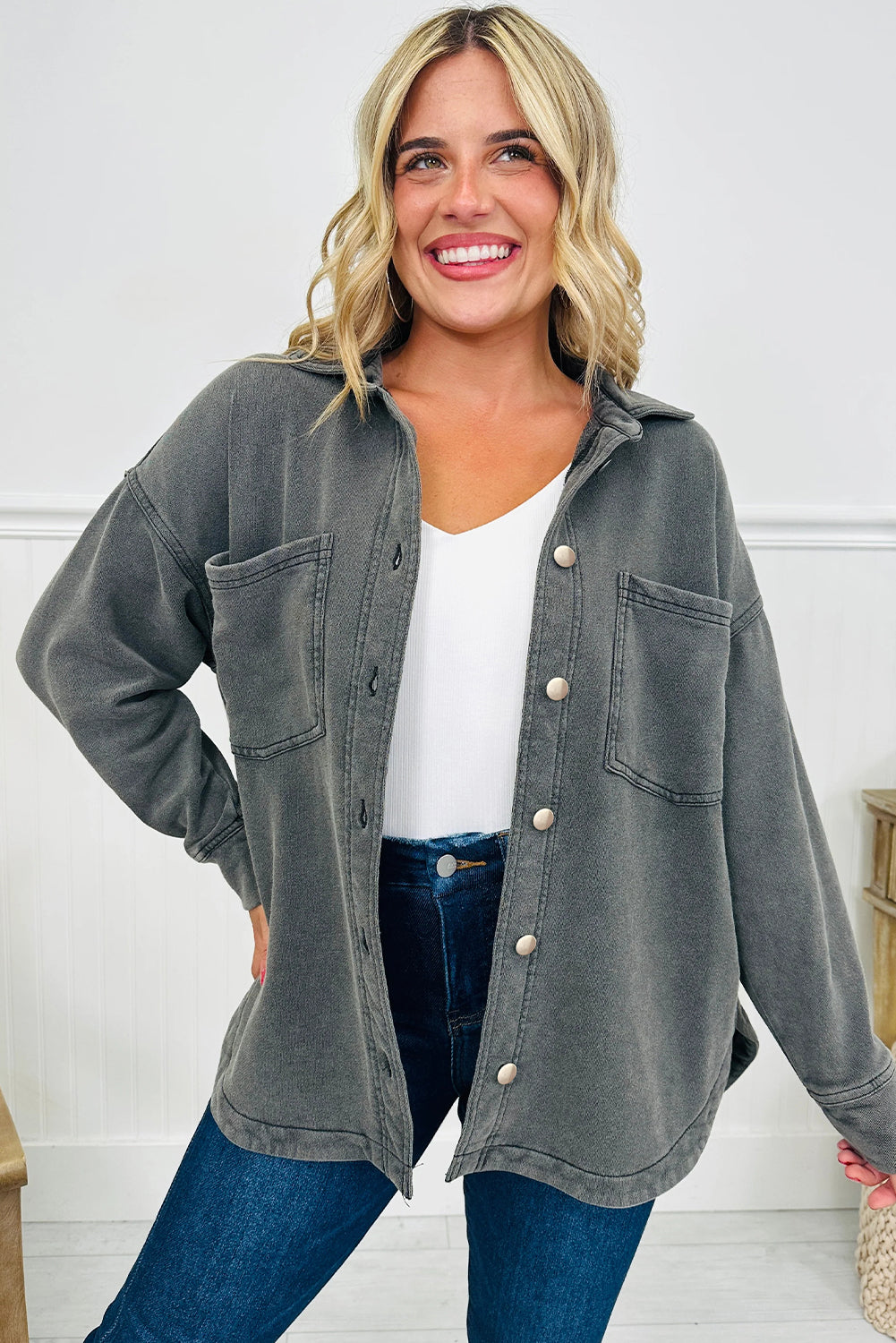 Medium Grey Mineral Wash Chest Pockets Drop Shoulder Shacket with Side Slit-Outerwear/Jackets-[Adult]-[Female]-2022 Online Blue Zone Planet