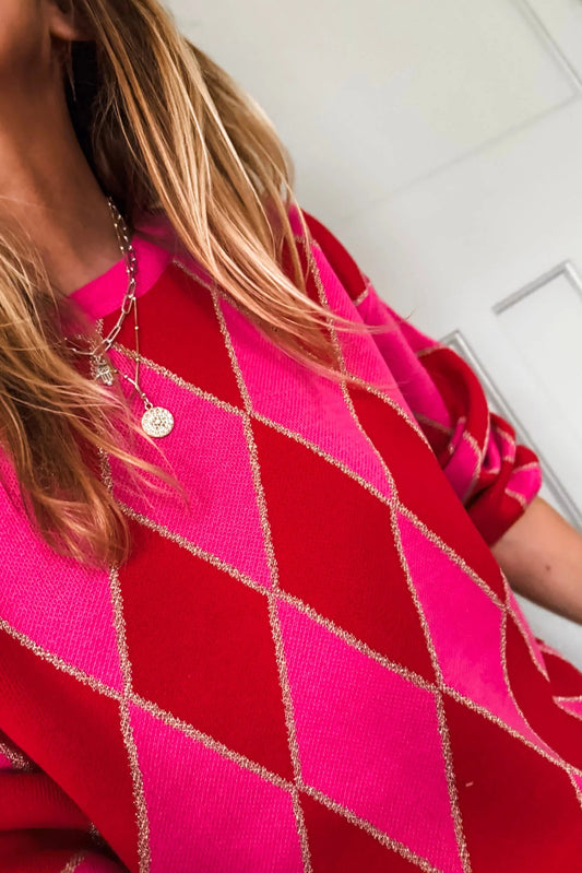 Rose Red Glitter Rhombus Pattern Knit Womens Casual Sweater-Sweaters & Cardigans/Sweaters-[Adult]-[Female]-2022 Online Blue Zone Planet