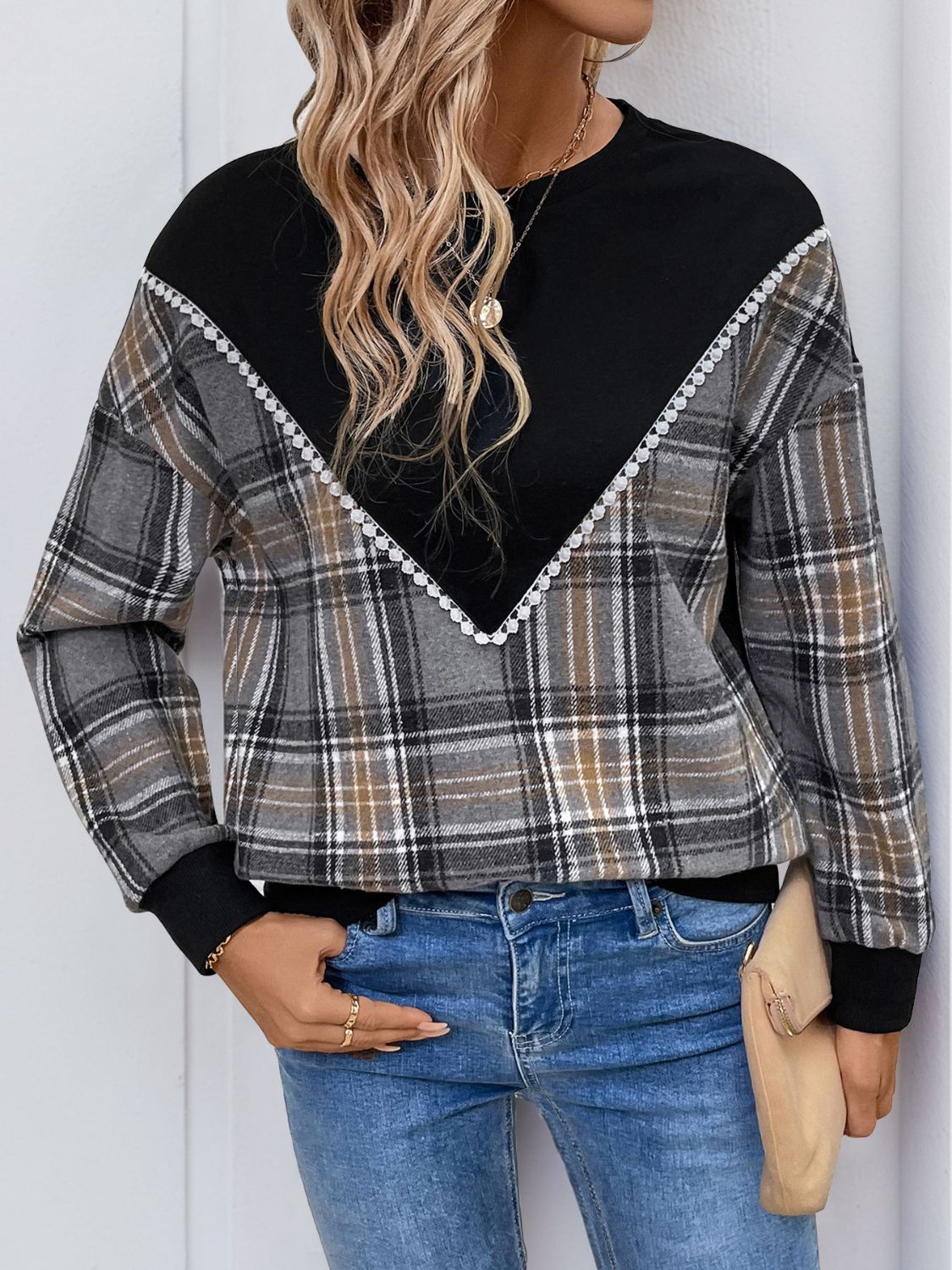 Perfee Plaid Round Neck Long Sleeve Sweatshirt-TOPS / DRESSES-[Adult]-[Female]-2022 Online Blue Zone Planet