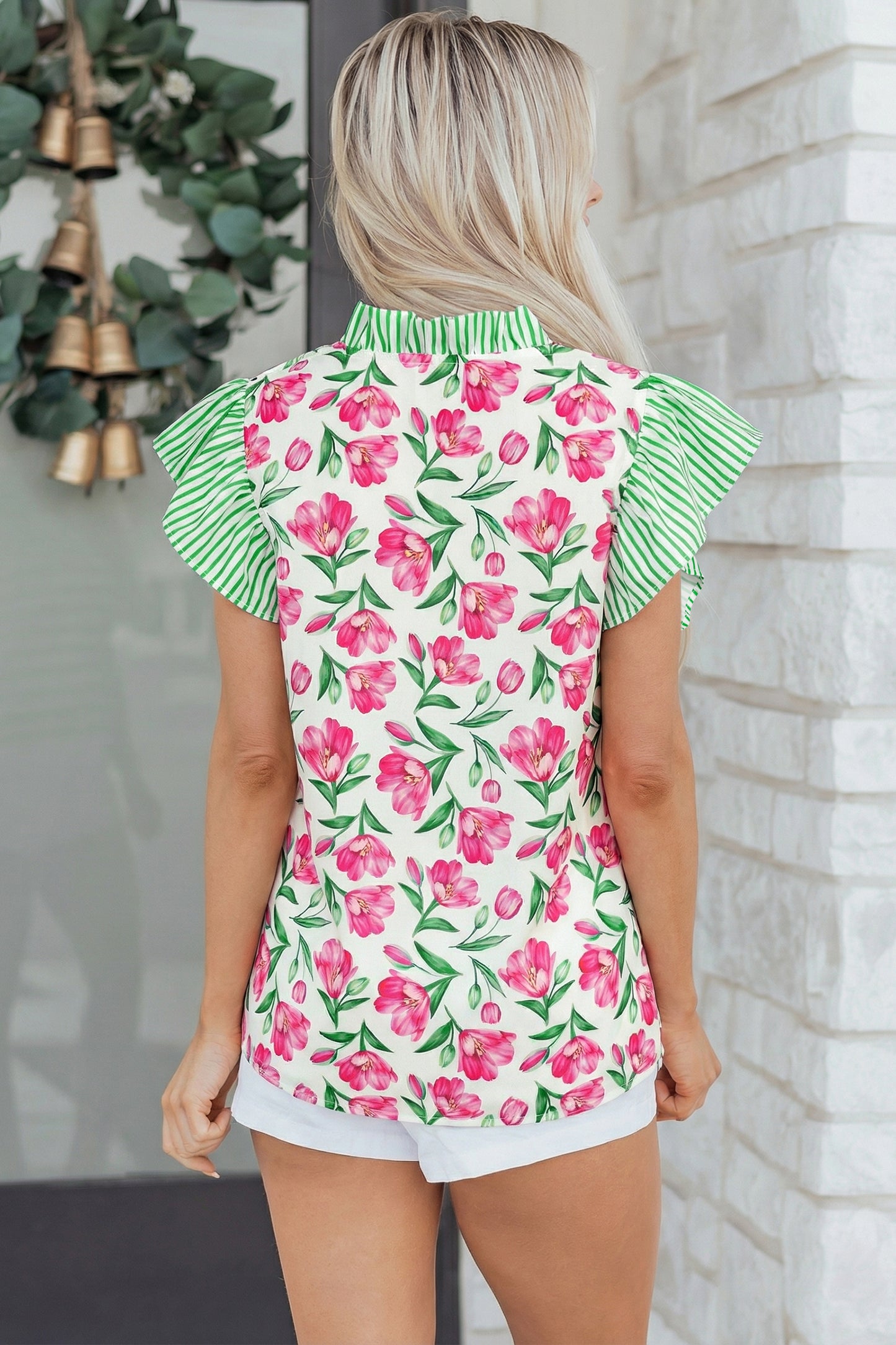 Multicolour Sweet Floral Print Striped Ruffle Trim V Neck Blouse-Tops/Blouses & Shirts-[Adult]-[Female]-2022 Online Blue Zone Planet