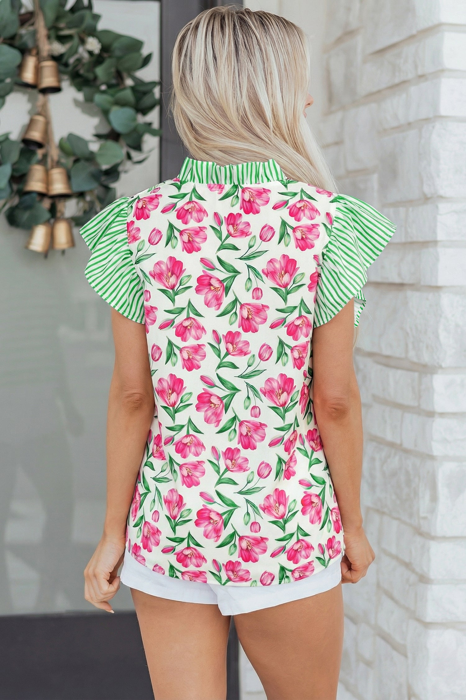 Multicolour Sweet Floral Print Striped Ruffle Trim V Neck Blouse-Tops/Blouses & Shirts-[Adult]-[Female]-2022 Online Blue Zone Planet