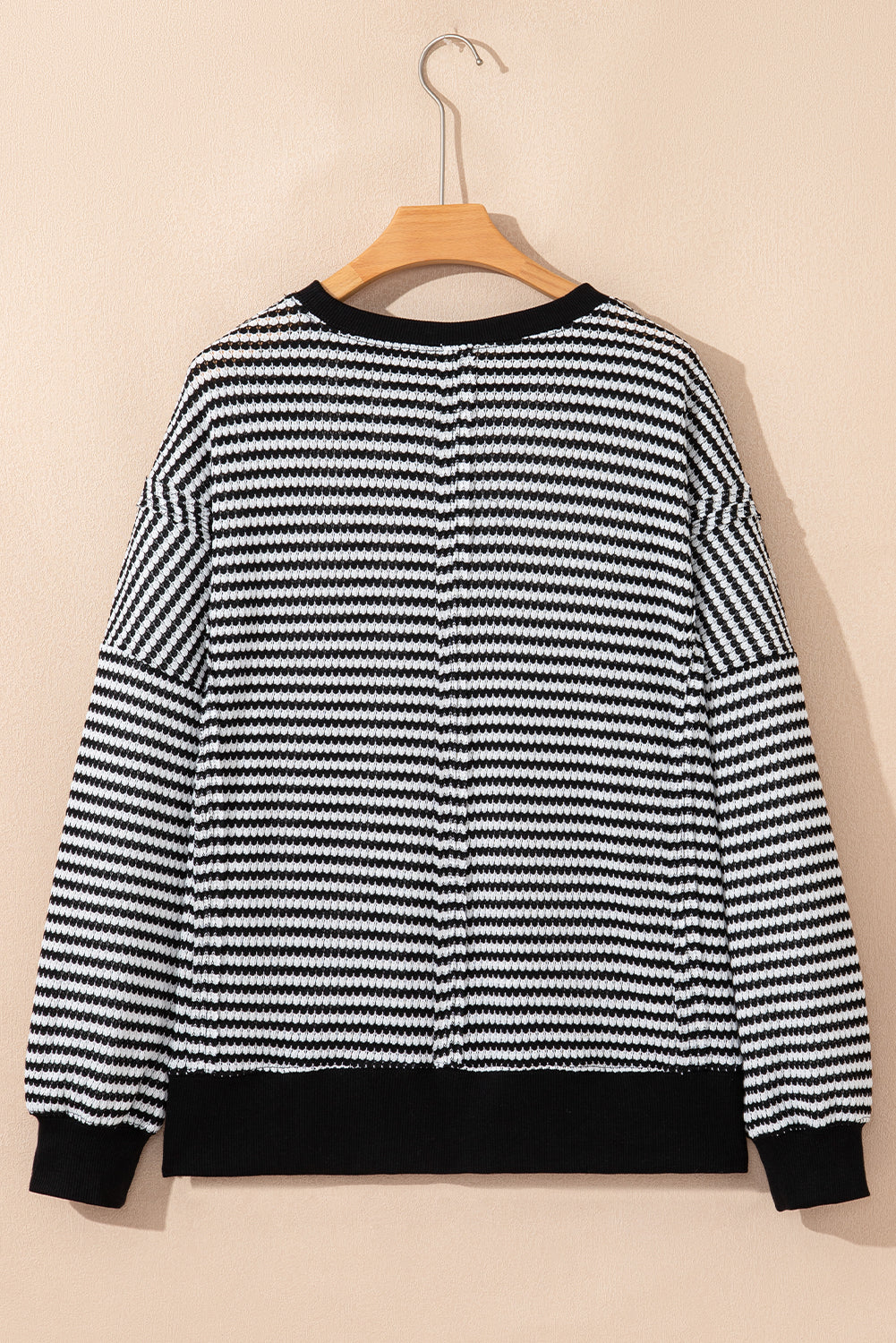Black Stripe Ribbed Trim Drop Shoulder Long Sleeve Oversize Top-Tops/Long Sleeve Tops-[Adult]-[Female]-2022 Online Blue Zone Planet