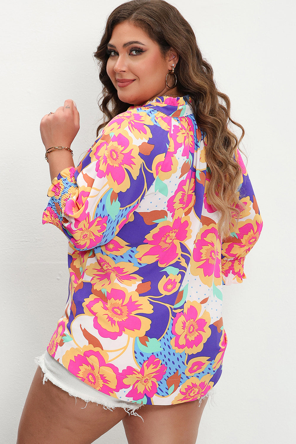 Rose Red Floral Print Split Neck Short Puff Sleeve Plus Blouse-Plus Size/Plus Size Tops/Plus Size Blouses & Shirts-[Adult]-[Female]-2022 Online Blue Zone Planet