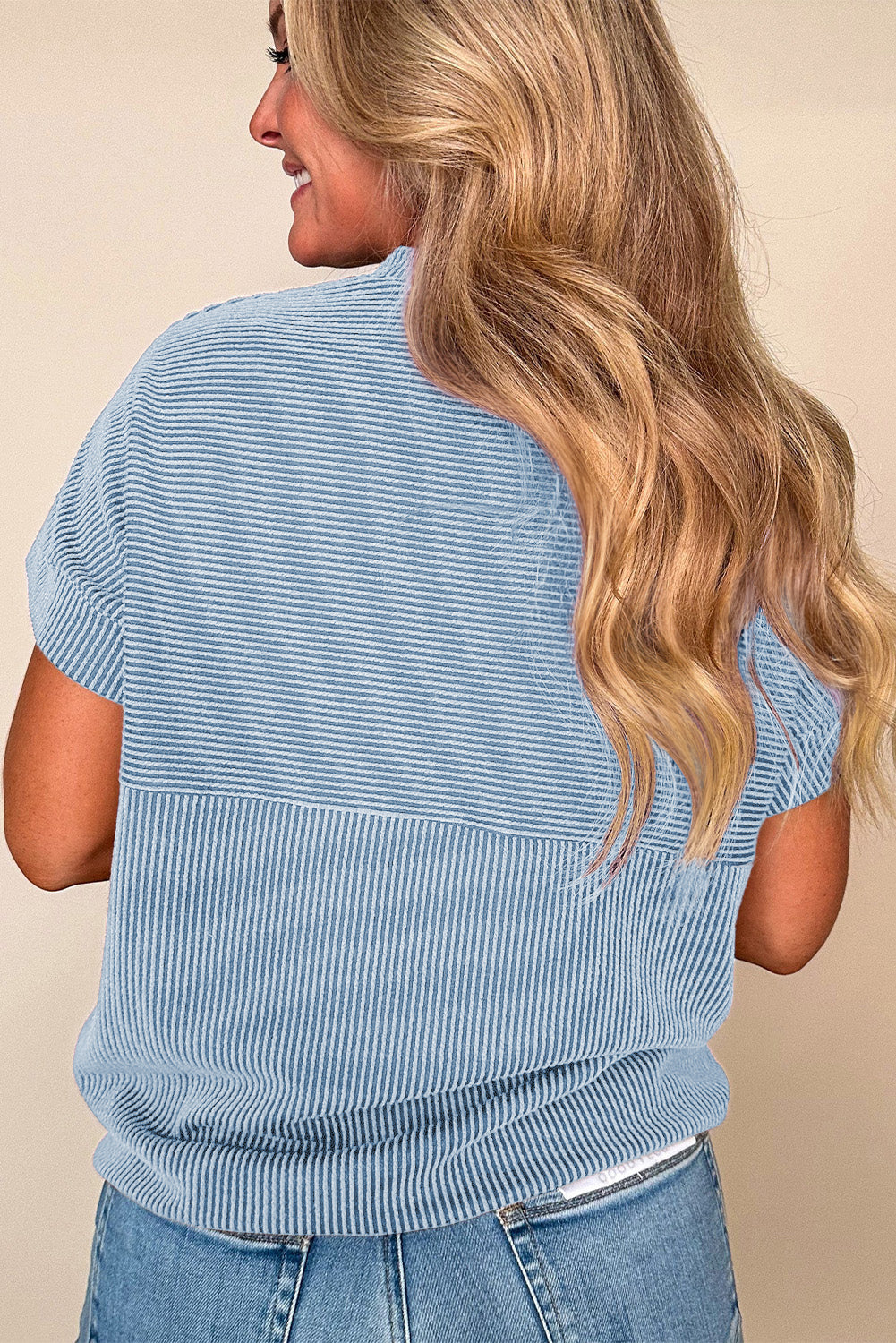 Myosotis Plain Corded Knit Mock Neck T Shirt-Tops/Tops & Tees-[Adult]-[Female]-2022 Online Blue Zone Planet