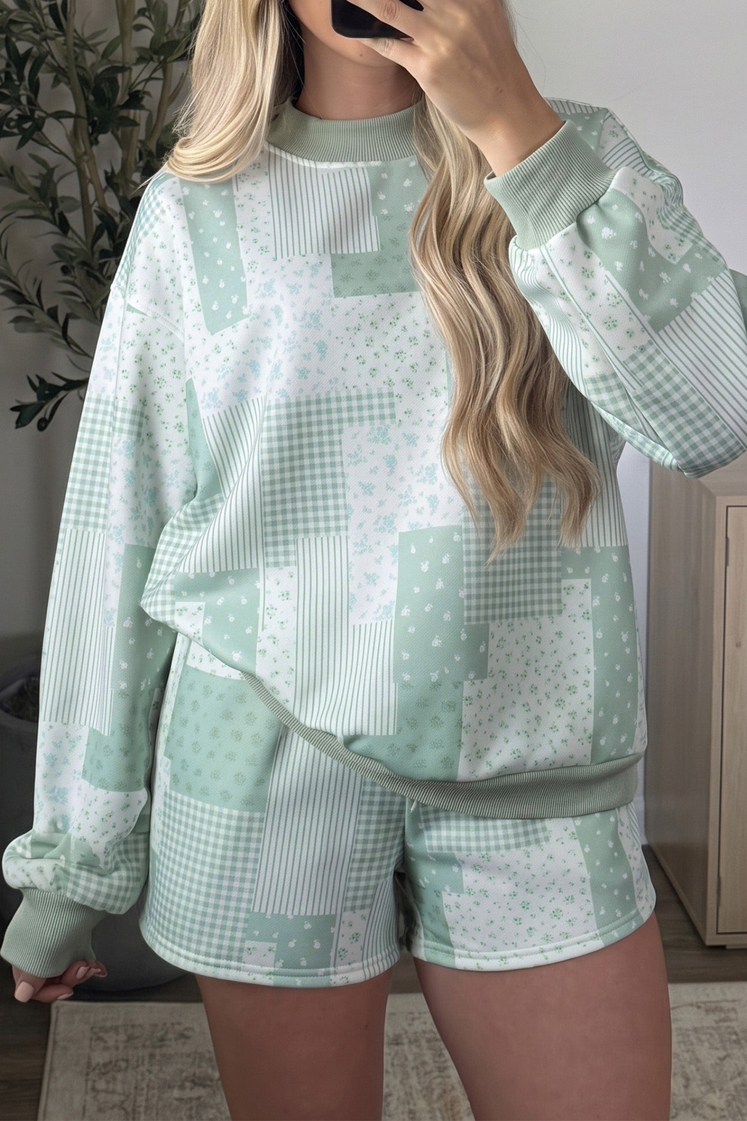 Green Patchwork Floral Print Drop Shoulder Baggy Pullover Drawstring Shorts Set-Two Piece Sets/Short Sets-[Adult]-[Female]-2022 Online Blue Zone Planet