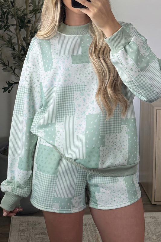 Green Patchwork Floral Print Drop Shoulder Baggy Pullover Drawstring Shorts Set-Two Piece Sets/Short Sets-[Adult]-[Female]-2022 Online Blue Zone Planet