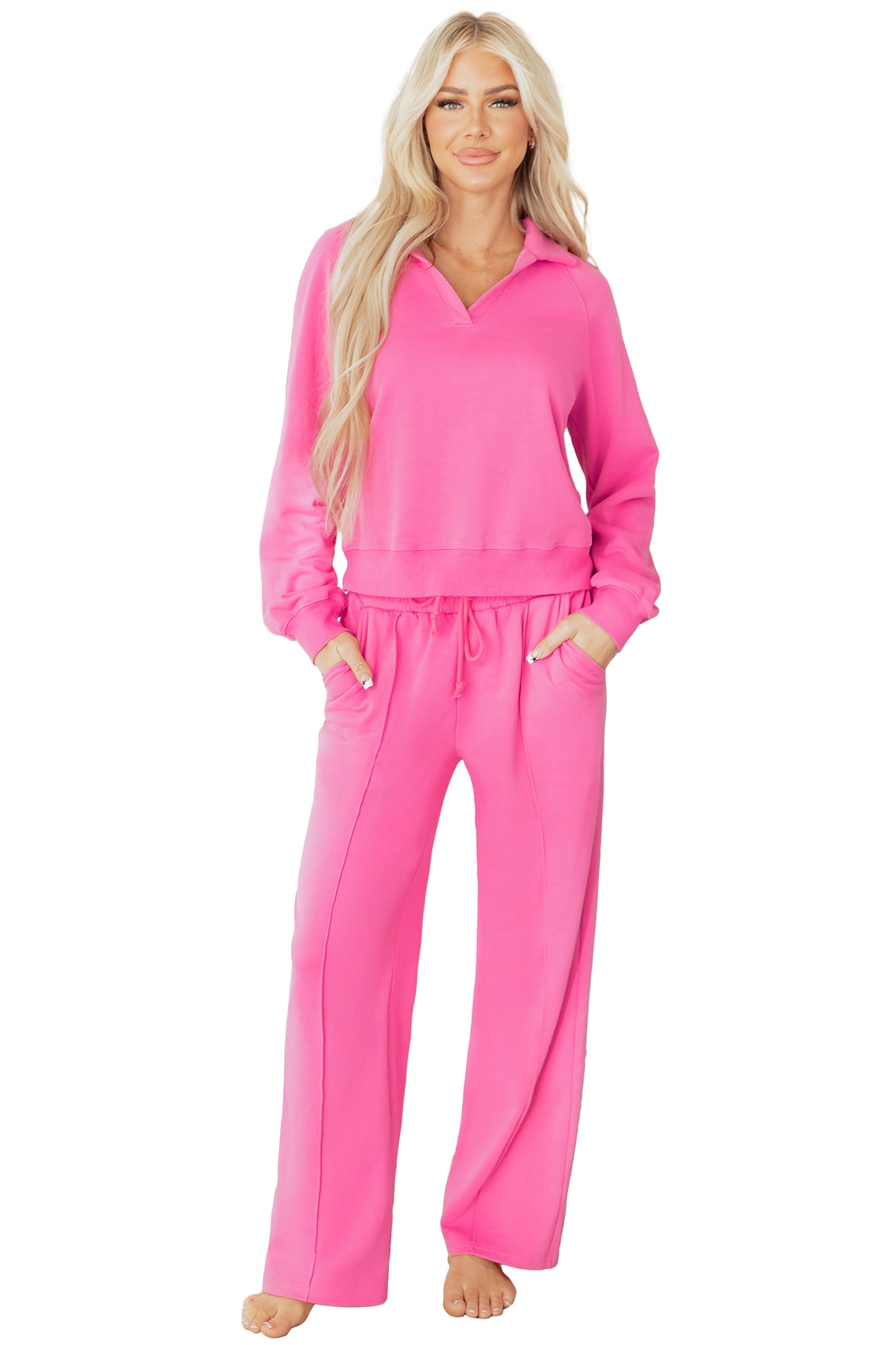 Sachet Pink Solid Color Collared Pullover and Central Seam Pants Set-Two Piece Sets/Pant Sets-[Adult]-[Female]-2022 Online Blue Zone Planet