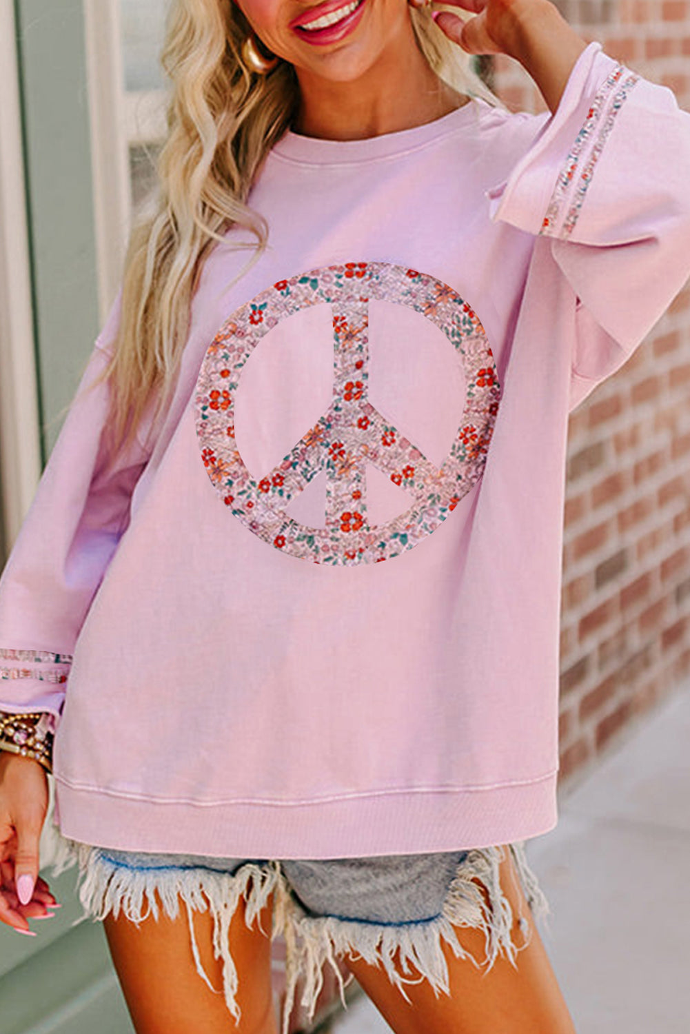 Light Pink Floral Peace Sign Graphic Drop Shoulder Wide Sleeve Casual Top-Tops/Long Sleeve Tops-[Adult]-[Female]-Light Pink-S-2022 Online Blue Zone Planet