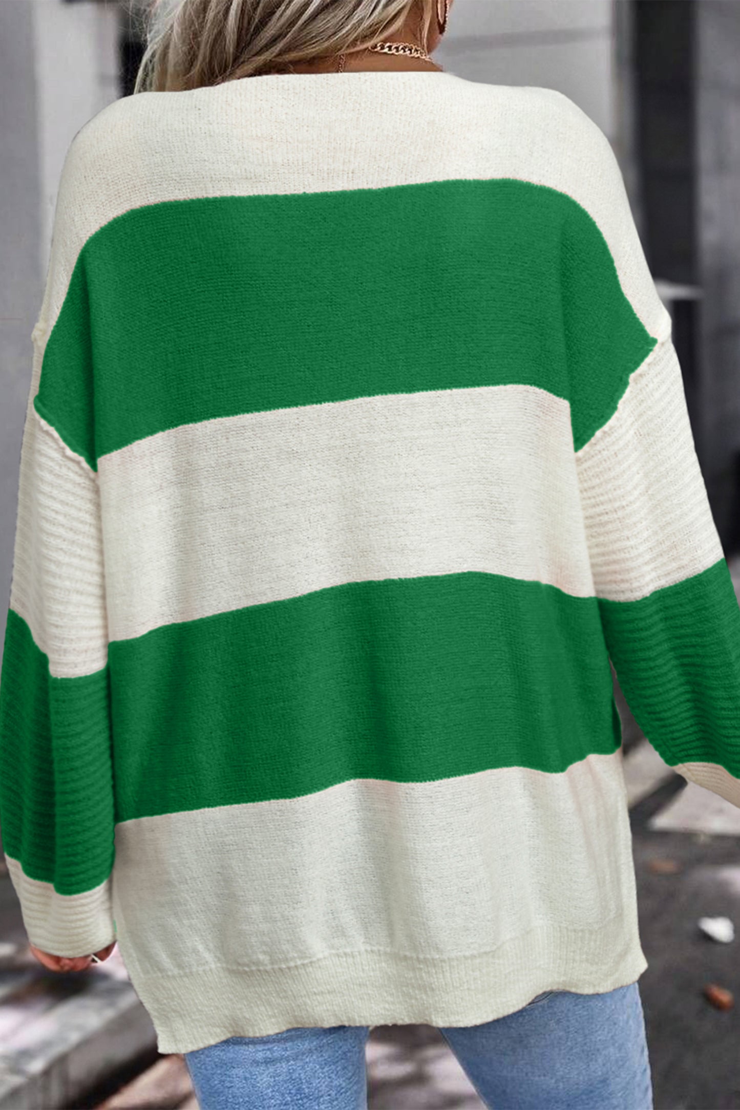 Red Stripe Loose Color Block Drop Shoulder Bubble Sleeve Sweater-TOPS / DRESSES-[Adult]-[Female]-2022 Online Blue Zone Planet