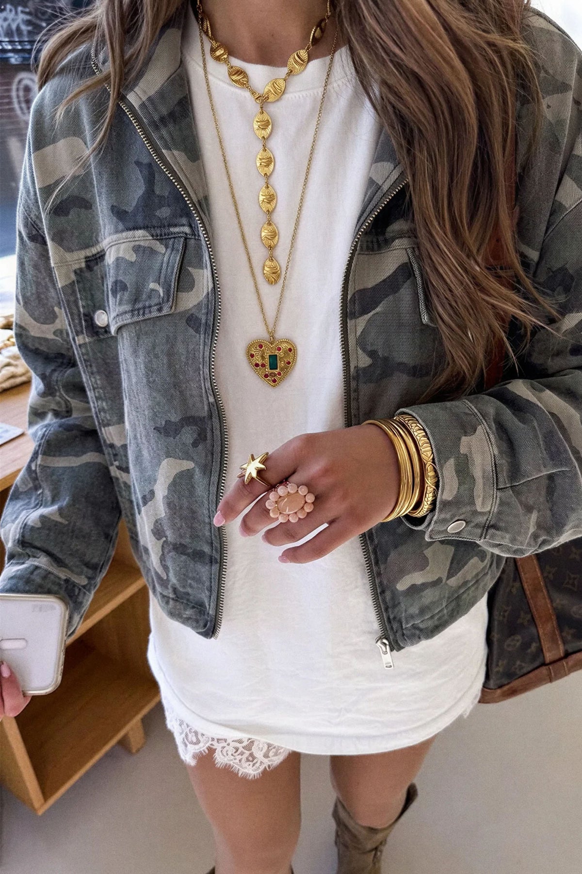 Multicolour 100% Cotton Western Camouflage Drop Shoulder Zip Denim Jacket-Outerwear/Jackets-[Adult]-[Female]-Multicolour-S-2022 Online Blue Zone Planet