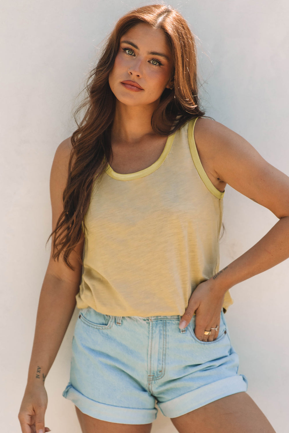 Tan Metallic Sheen Edge Scoop Neck Tank Top-Tops/Tank Tops-[Adult]-[Female]-2022 Online Blue Zone Planet