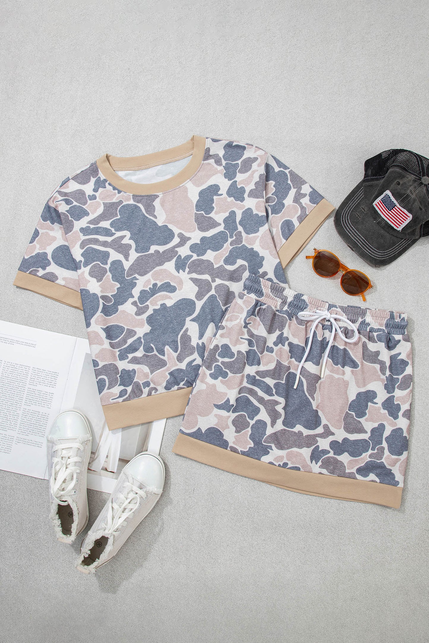 Multicolour Retro Camouflage Color Block Trim Skort 2pcs Outfit-Two Piece Sets/Two Piece Dresses-[Adult]-[Female]-2022 Online Blue Zone Planet