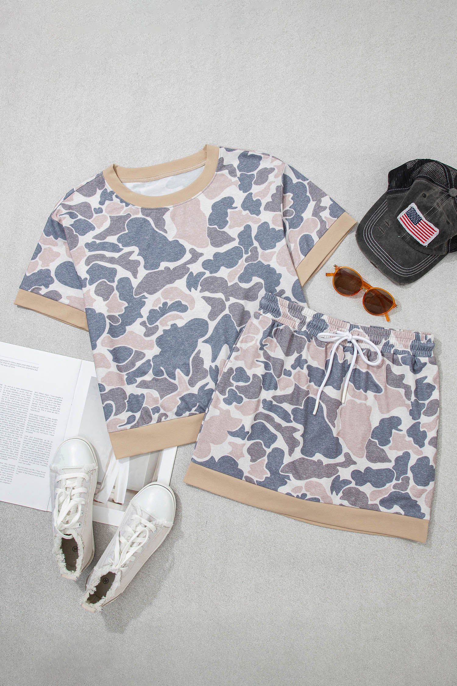 Multicolour Retro Camouflage Color Block Trim Skort 2pcs Outfit-Two Piece Sets/Two Piece Dresses-[Adult]-[Female]-2022 Online Blue Zone Planet