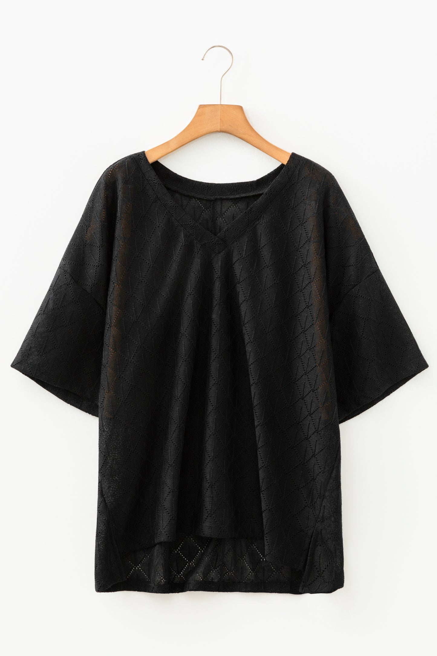 Sky Blue Pointelle Rhombus Knit Plus Size V Neck Loose Top-Plus Size/Plus Size Tops/Plus Size Tops & Tees-[Adult]-[Female]-2022 Online Blue Zone Planet