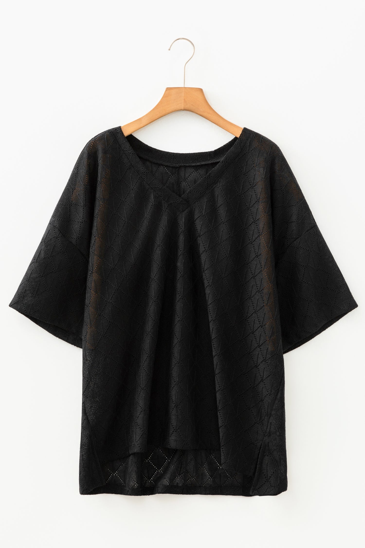 Sky Blue Pointelle Rhombus Knit Plus Size V Neck Loose Top-Plus Size/Plus Size Tops/Plus Size Tops & Tees-[Adult]-[Female]-2022 Online Blue Zone Planet