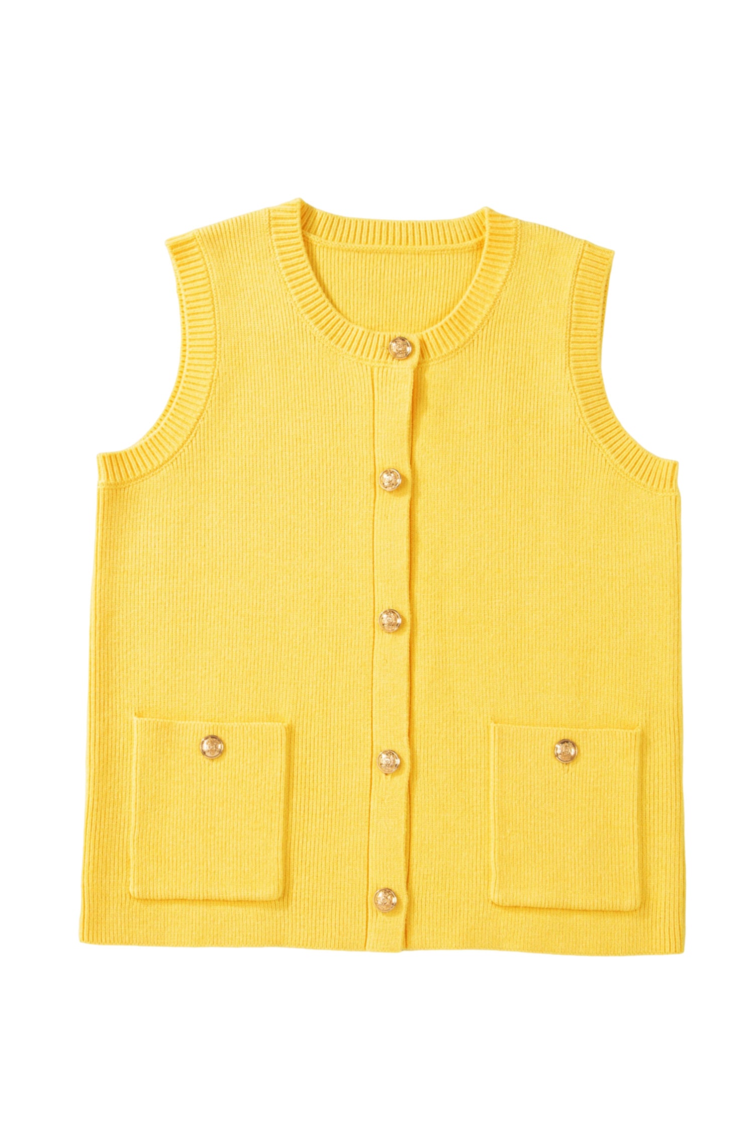 Yellow Cream Solid Color Sleeveless Knit Button Pocketed Sweater-Sweaters & Cardigans/Sweater Vests-[Adult]-[Female]-2022 Online Blue Zone Planet