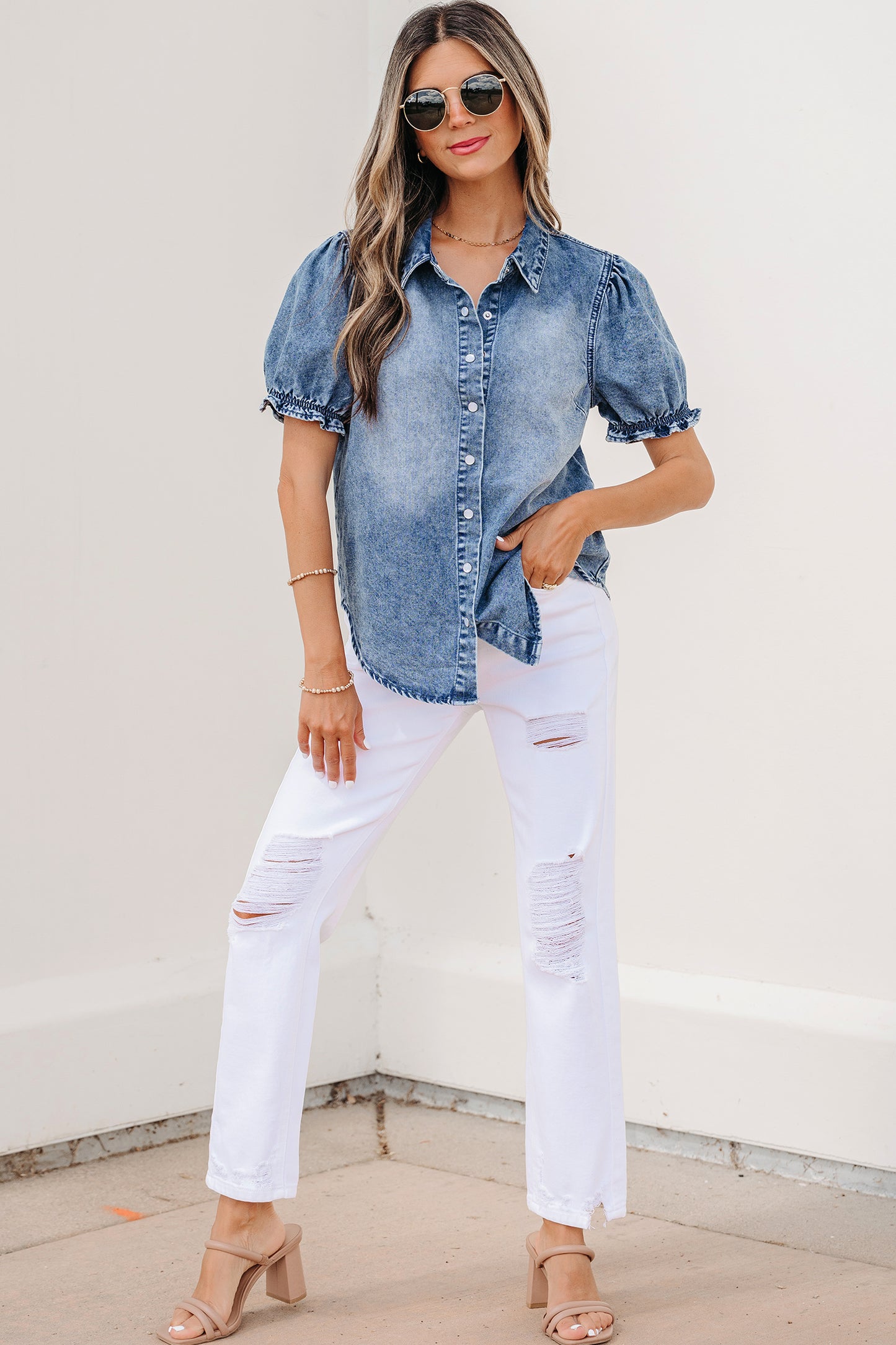 Beau Blue Frilled Short Sleeve Snap Button Denim Shirt-Tops/Blouses & Shirts-[Adult]-[Female]-2022 Online Blue Zone Planet