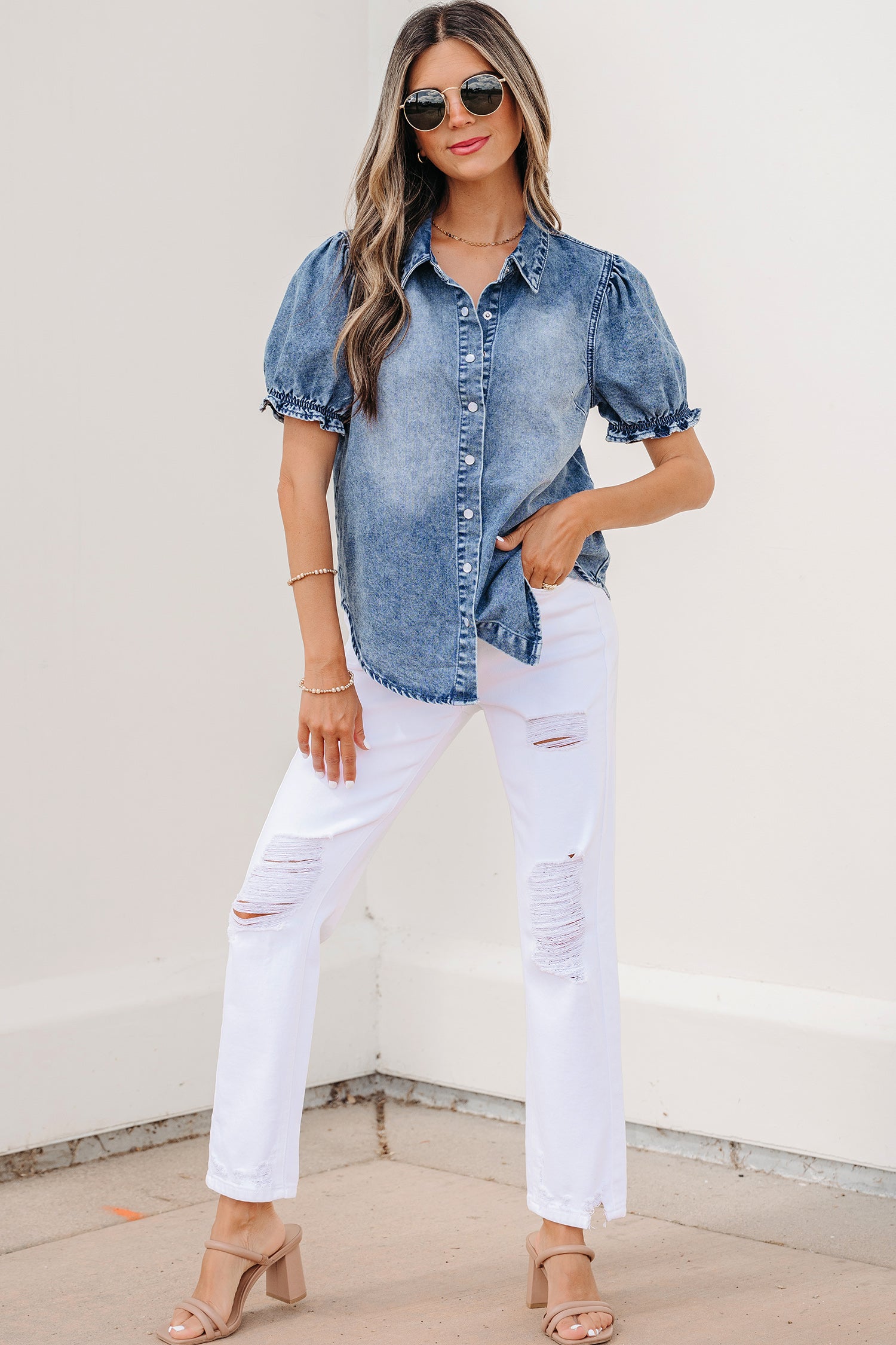 Beau Blue Frilled Short Sleeve Snap Button Denim Shirt-Tops/Blouses & Shirts-[Adult]-[Female]-2022 Online Blue Zone Planet