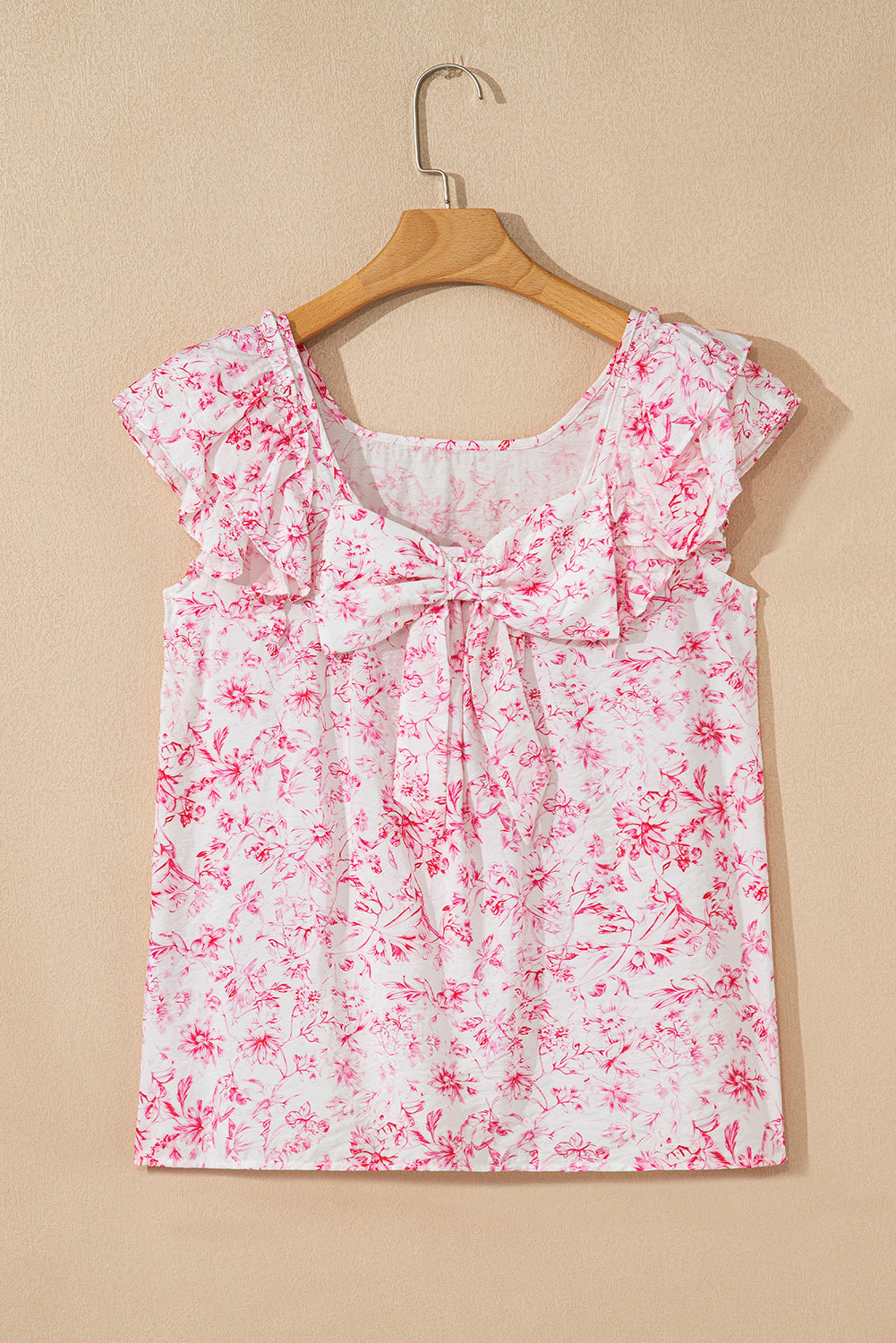 Pink Floral Ruffled Short Sleeve Bow Back Square Neck Blouse-Tops/Blouses & Shirts-[Adult]-[Female]-2022 Online Blue Zone Planet