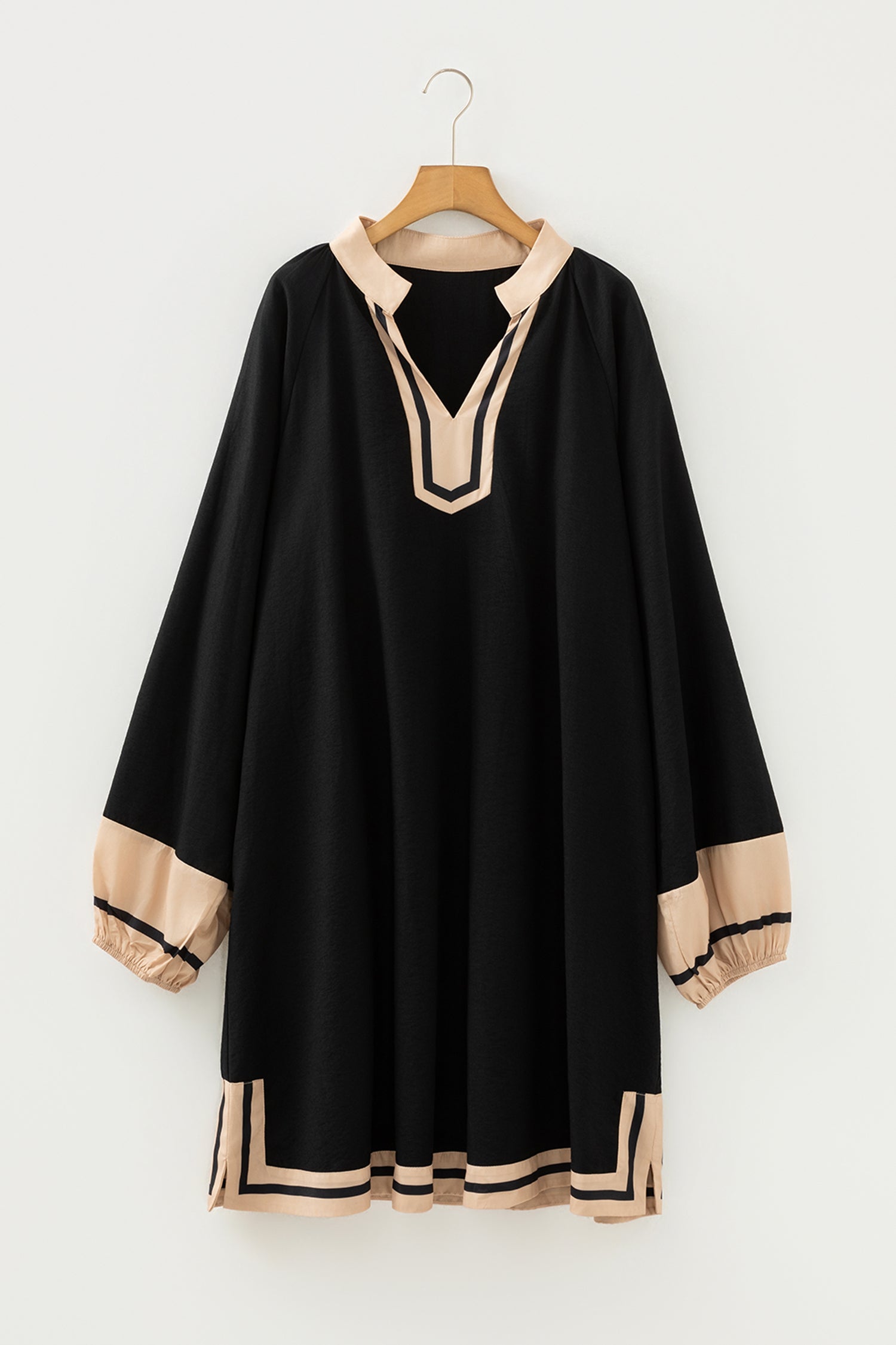 Black Plus Size Color Block Striped Trim V Neck Long Sleeve Shift Mini Dress-TOPS / DRESSES-[Adult]-[Female]-2022 Online Blue Zone Planet