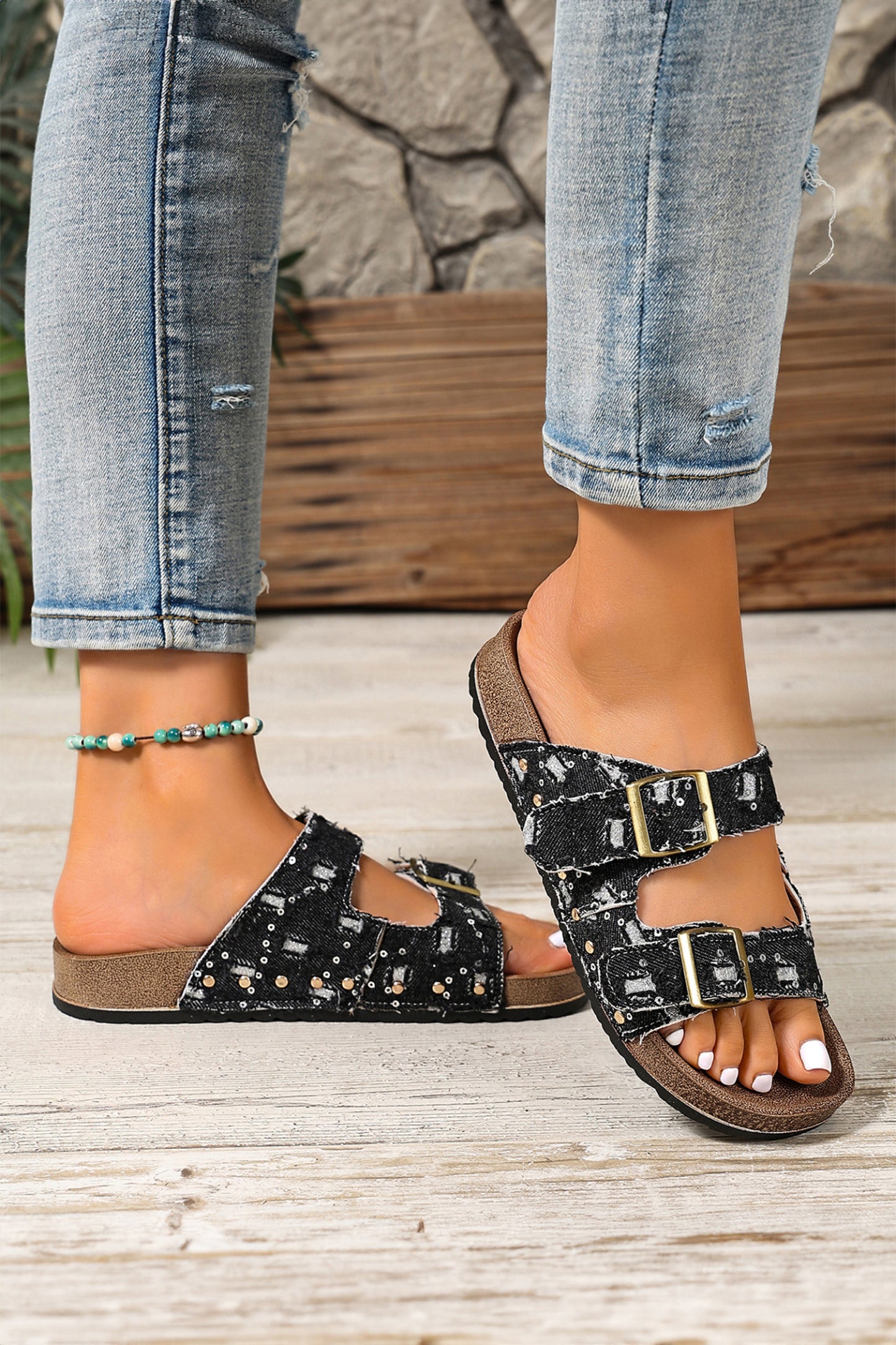 Black white Denim Distressed Retro Buckle Straps Hollowed Faux Suede Slippers