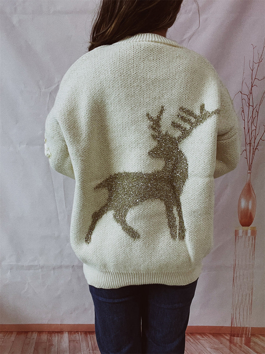 Reindeer Round Neck Long Sleeve Sweater-TOPS / DRESSES-[Adult]-[Female]-2022 Online Blue Zone Planet