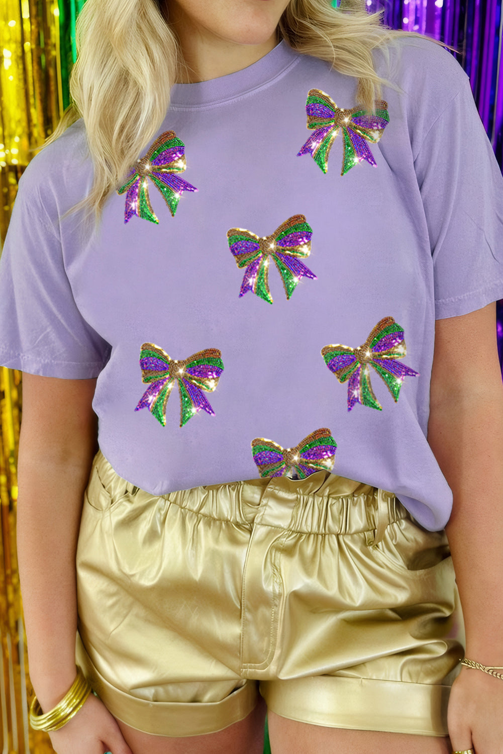 Black Sequin Mardi Gras Bow Graphic Crewneck Tee-Graphic Tees-[Adult]-[Female]-Wisteria-S-2022 Online Blue Zone Planet