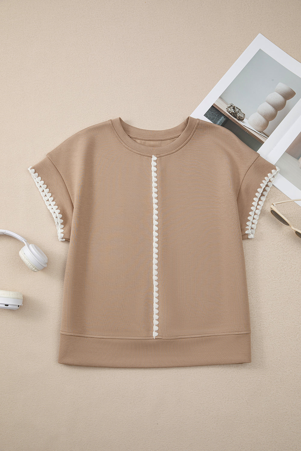 Straw Yellow Ric Rac Color Contrast Ribbed Edge Crewneck T Shirt-Tops/Tops & Tees-[Adult]-[Female]-2022 Online Blue Zone Planet