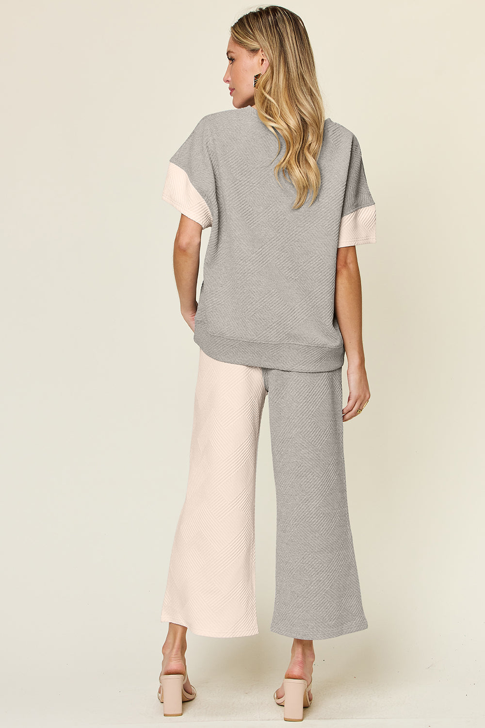 Double Take Full Size Texture Contrast T-Shirt and Wide Leg Pants Set-TOPS / DRESSES-[Adult]-[Female]-2022 Online Blue Zone Planet