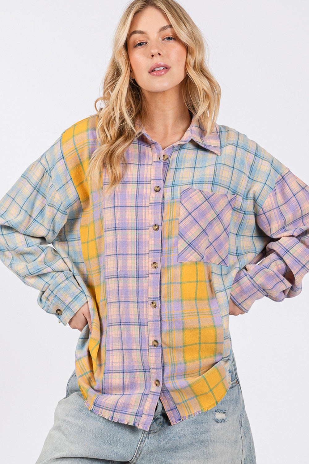 SAGE + FIG Button Up Raw Hem Plaid Flannel Shirt-TOPS / DRESSES-[Adult]-[Female]-2022 Online Blue Zone Planet