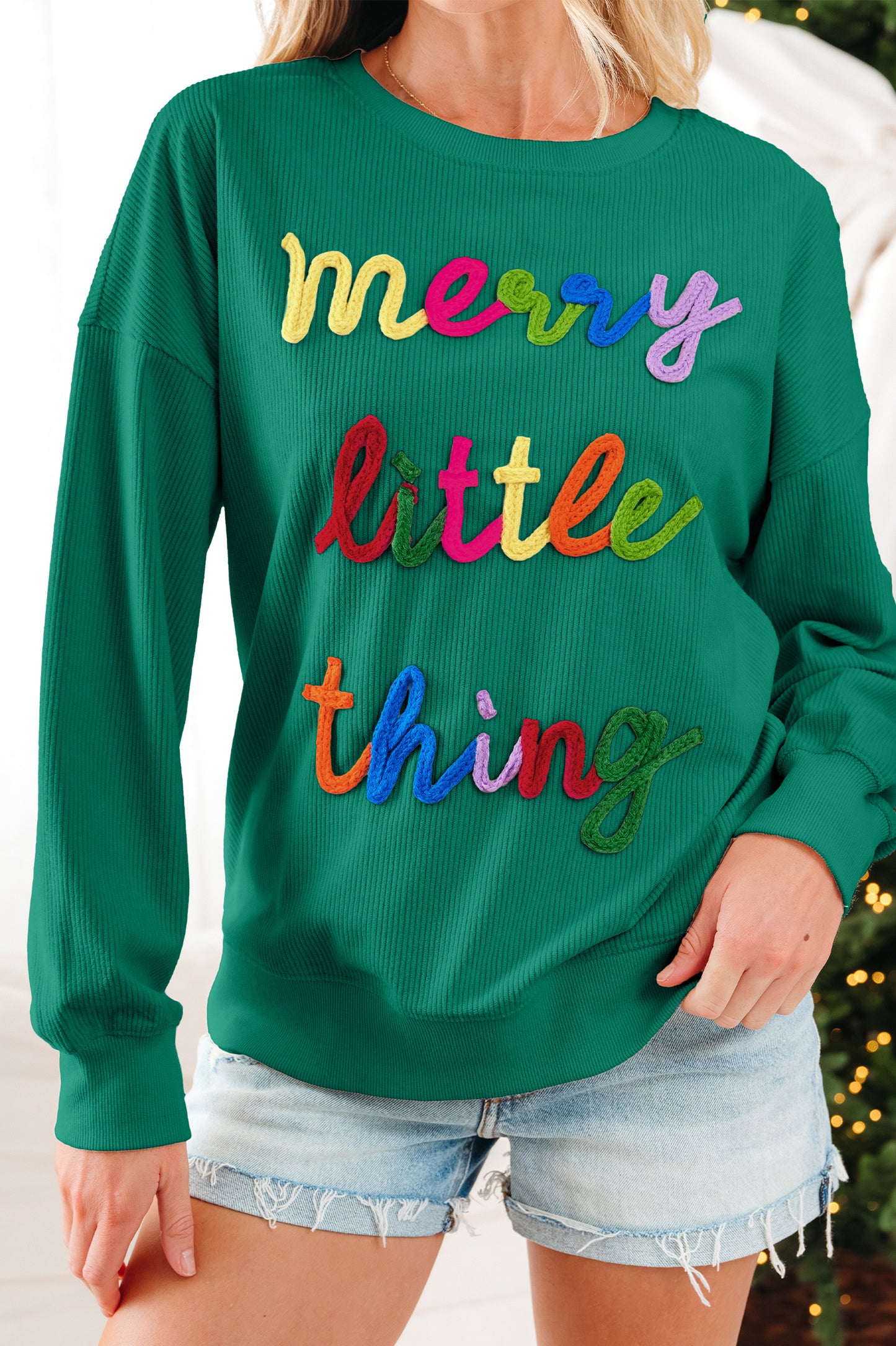 Dark Green Merry Little Thing Corded Letter Graphic Ribbed Loose Sweatshirt-Tops/Sweatshirts & Hoodies-[Adult]-[Female]-2022 Online Blue Zone Planet