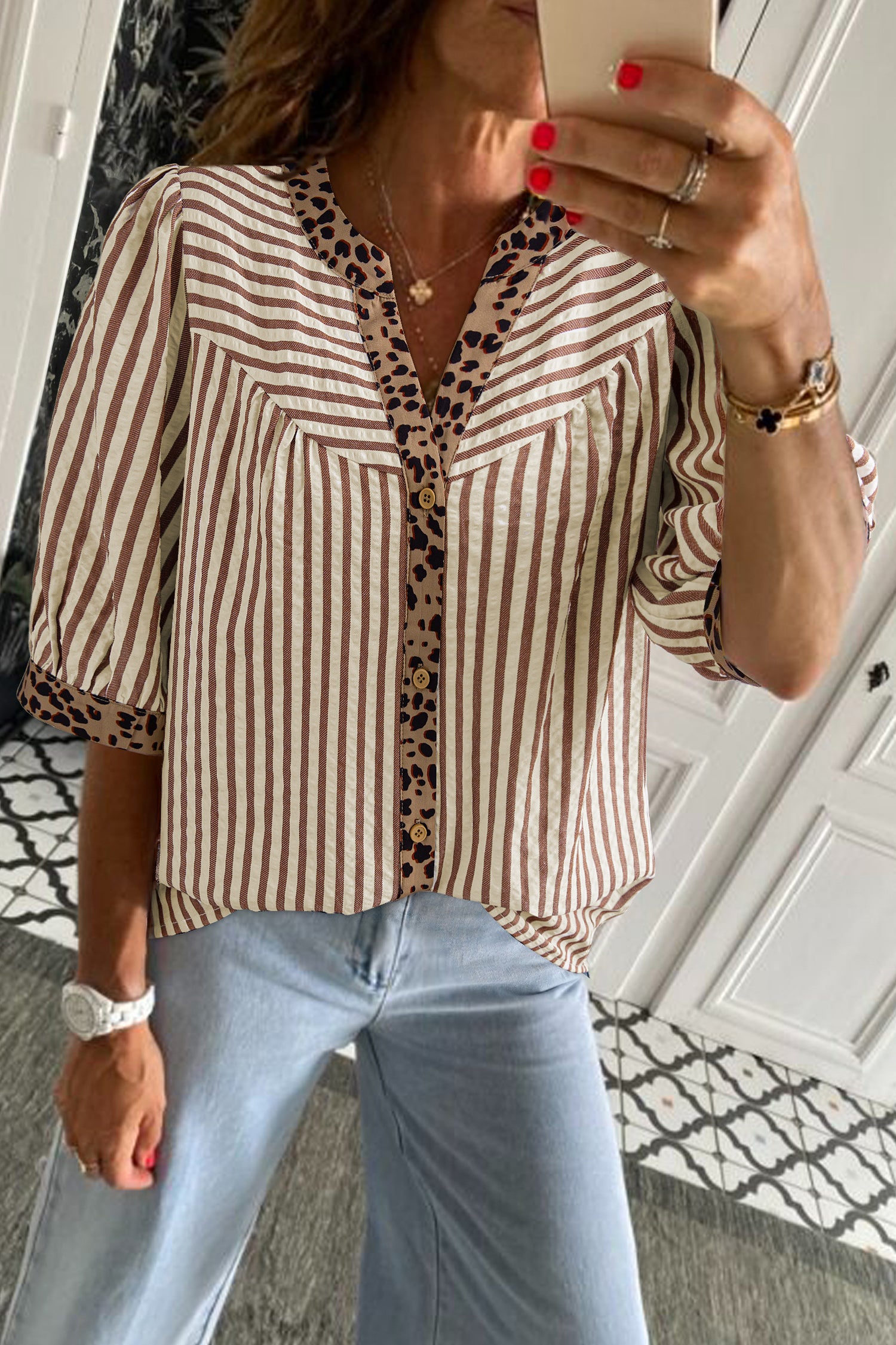 Brown Stripe Leopard Trim V Neck Button Down Half Sleeve Shirt-Tops/Blouses & Shirts-[Adult]-[Female]-Brown Stripe-S-2022 Online Blue Zone Planet