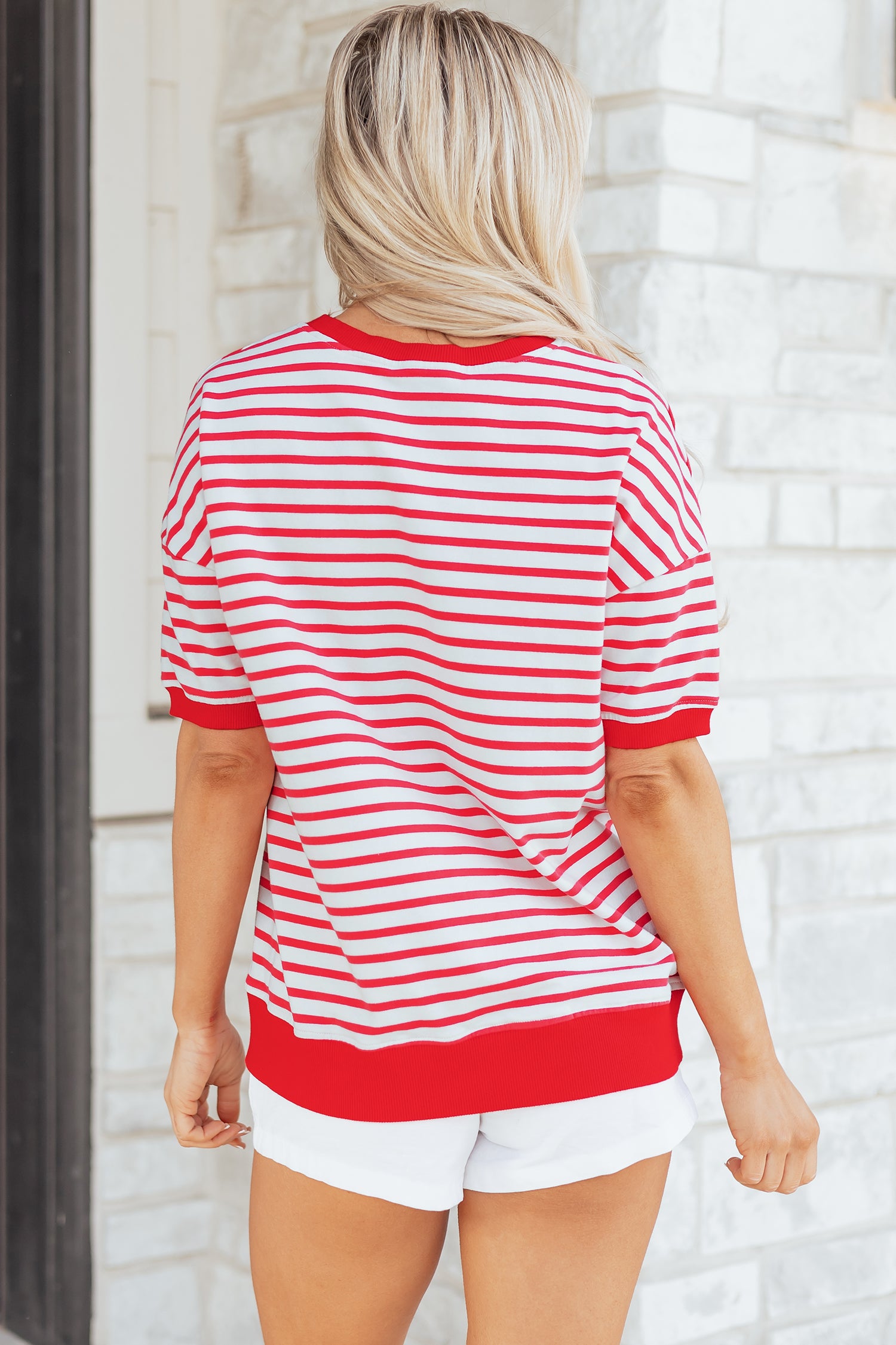 Red Stripe Drop Shoulder Half Sleeve T Shirt-Tops/Tops & Tees-[Adult]-[Female]-2022 Online Blue Zone Planet