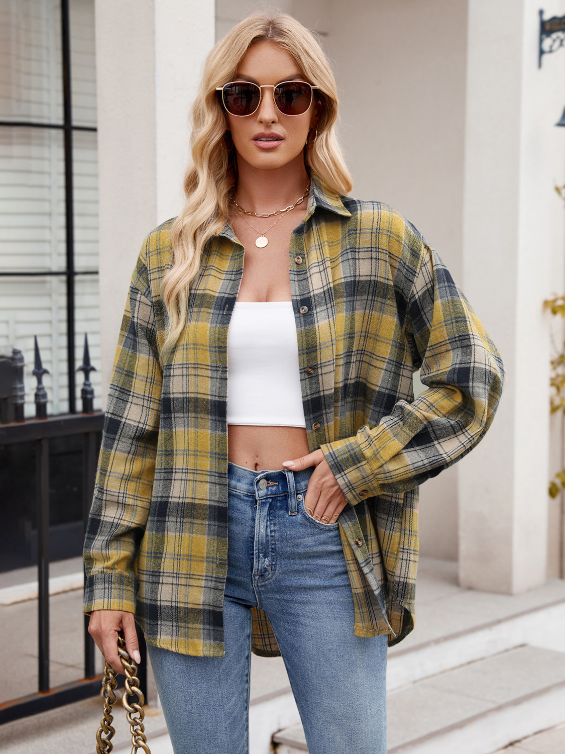 Blue Zone Planet | Mandy Pocketed Plaid Collared Neck Long Sleeve Shirt-TOPS / DRESSES-[Adult]-[Female]-Mustard-S-2022 Online Blue Zone Planet