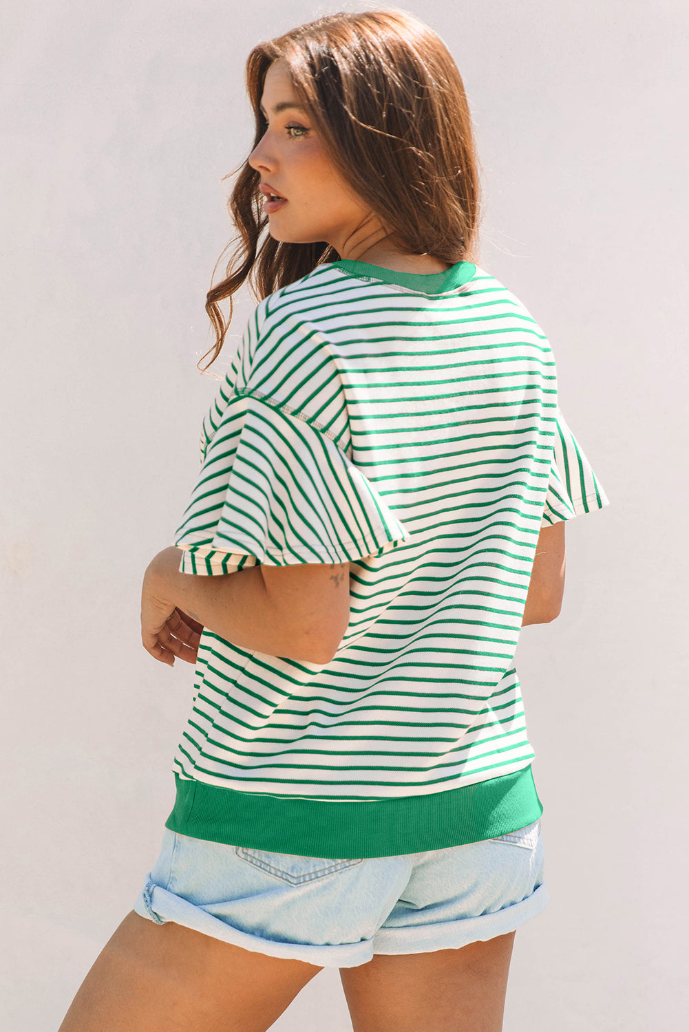 Bright Green Contrast Detail Striped Ruffle Short Sleeve Top-Tops/Blouses & Shirts-[Adult]-[Female]-2022 Online Blue Zone Planet