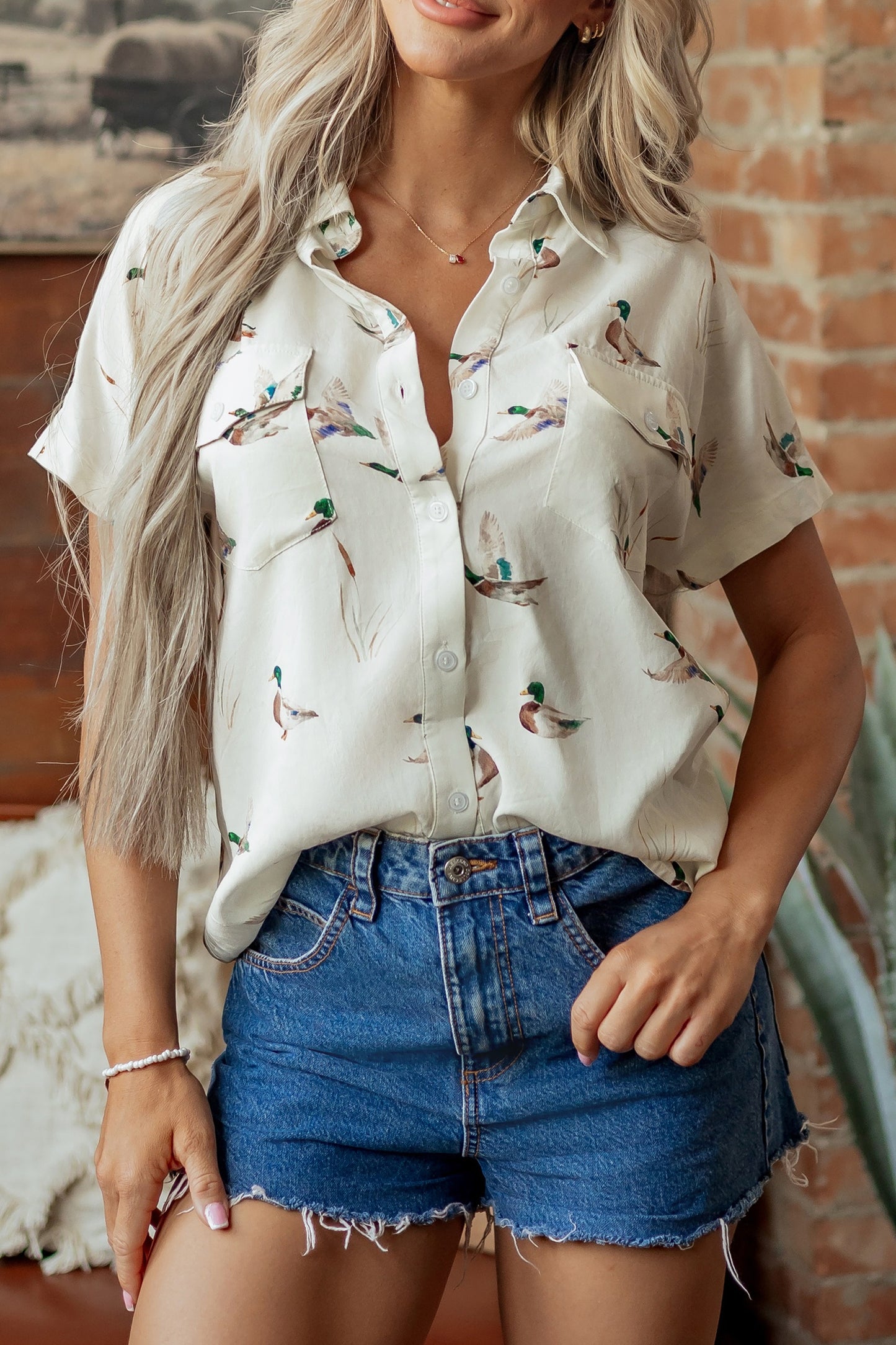 White Mallard Printed Button Flap Pocket Short Sleeve Shirt-Tops/Blouses & Shirts-[Adult]-[Female]-2022 Online Blue Zone Planet