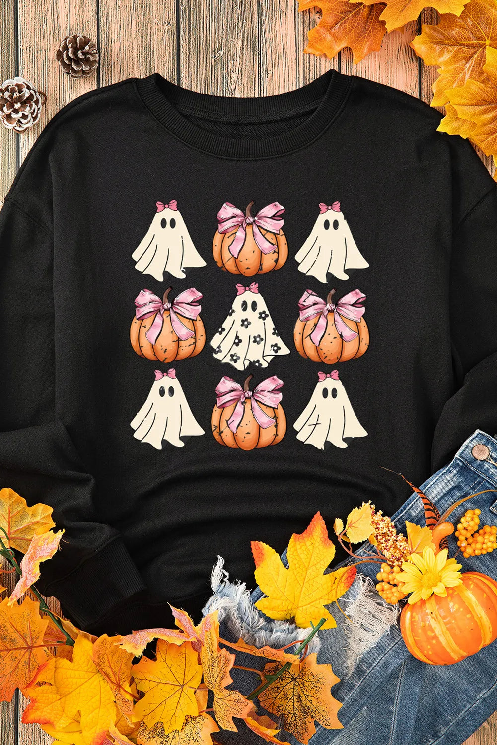 Blue Zone Planet | Pumpkin & Ghost Round Neck Long Sleeve Sweatshirt-TOPS / DRESSES-[Adult]-[Female]-2022 Online Blue Zone Planet