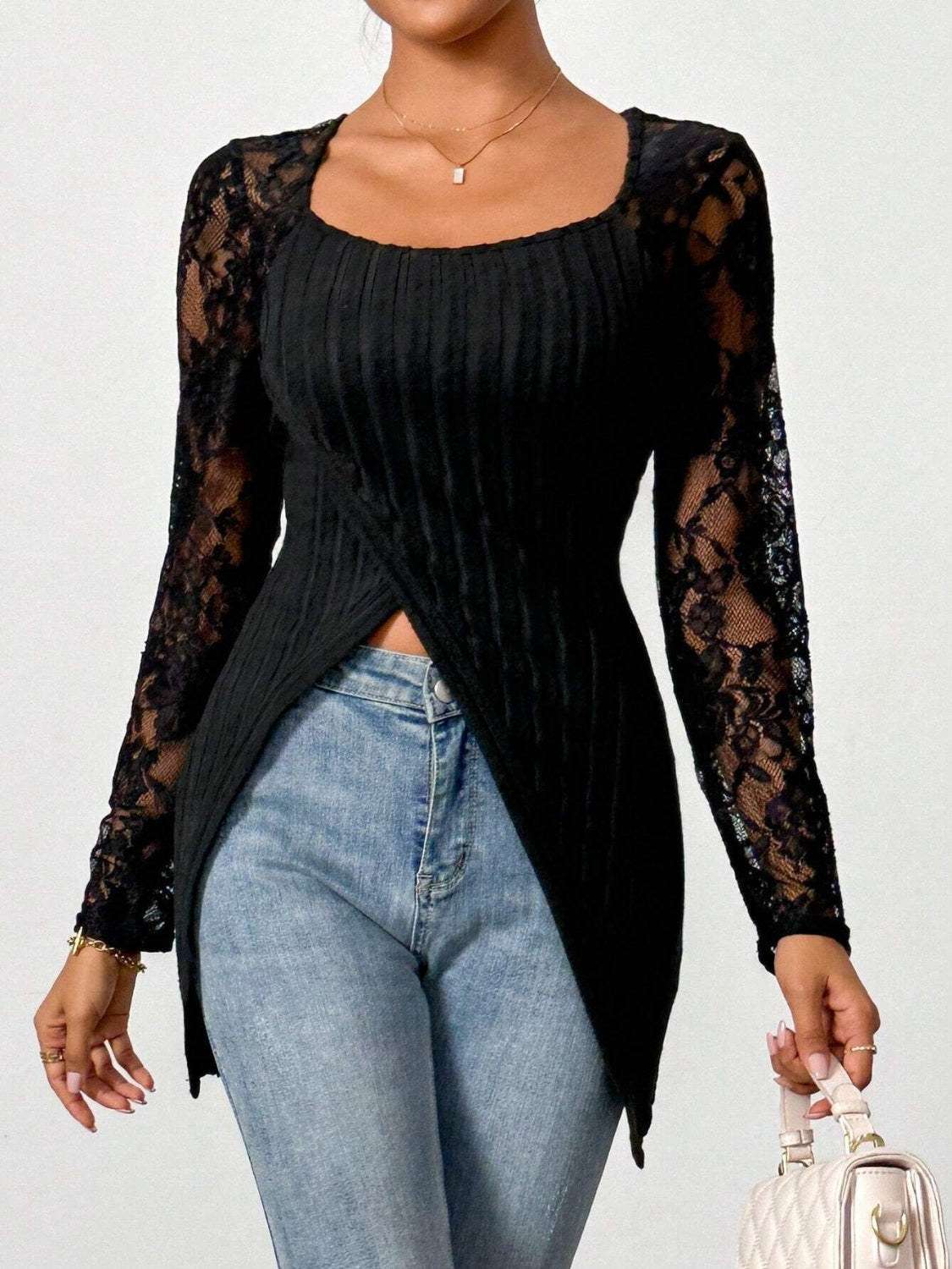 Square Neck Lace Patchwork Long Sleeve T-Shirt-TOPS / DRESSES-[Adult]-[Female]-Black-S-2022 Online Blue Zone Planet