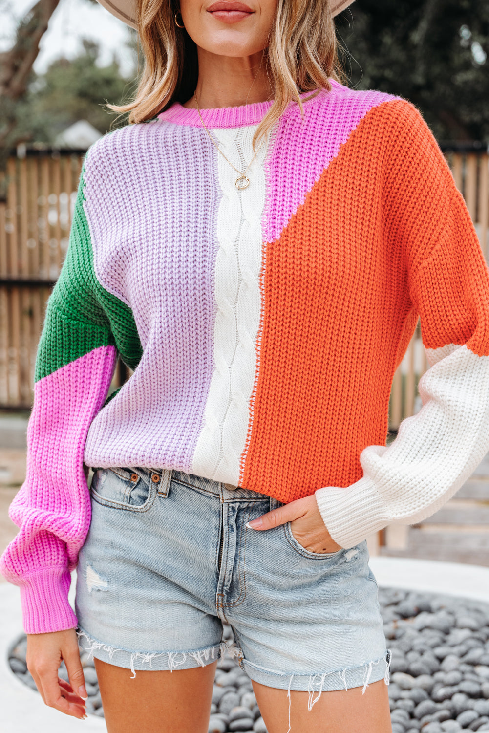 Desert Gold Color Block Textured Knit Drop Shoulder Loose Fit Sweater-TOPS / DRESSES-[Adult]-[Female]-2022 Online Blue Zone Planet