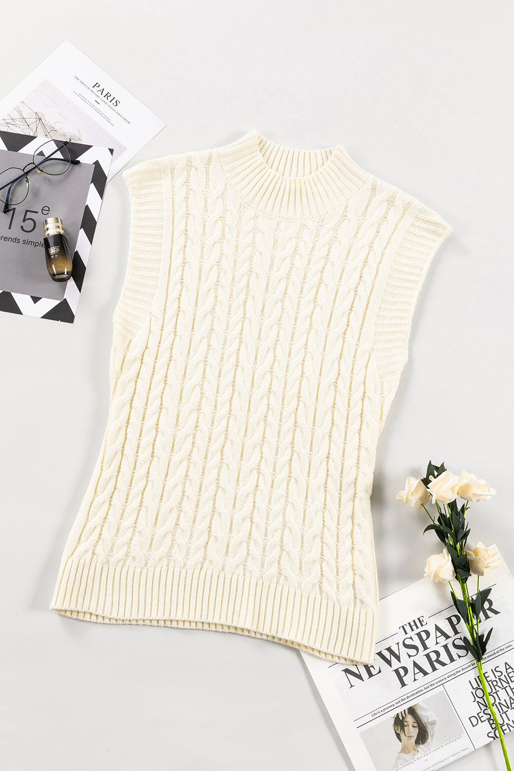 Cable Knit Turtleneck Sweater Vest-TOPS / DRESSES-[Adult]-[Female]-2022 Online Blue Zone Planet