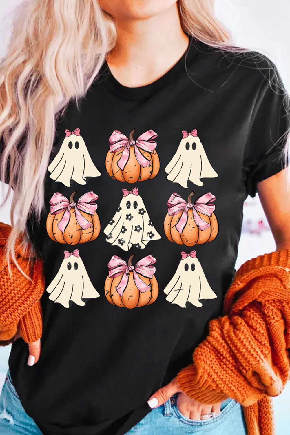 Black Bowknot Ghost Pumpkin Graphic Halloween T Shirt-Graphic/Graphic Tees-[Adult]-[Female]-Black-S-2022 Online Blue Zone Planet