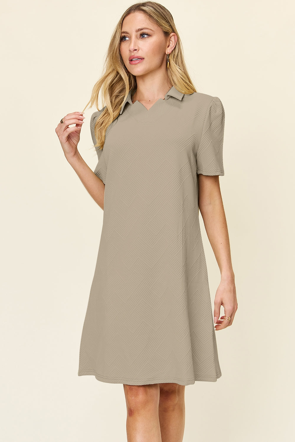 Blue Zone Planet | Double Take Full Size Texture Collared Neck Short Sleeve Dress-TOPS / DRESSES-[Adult]-[Female]-Khaki-S-2022 Online Blue Zone Planet