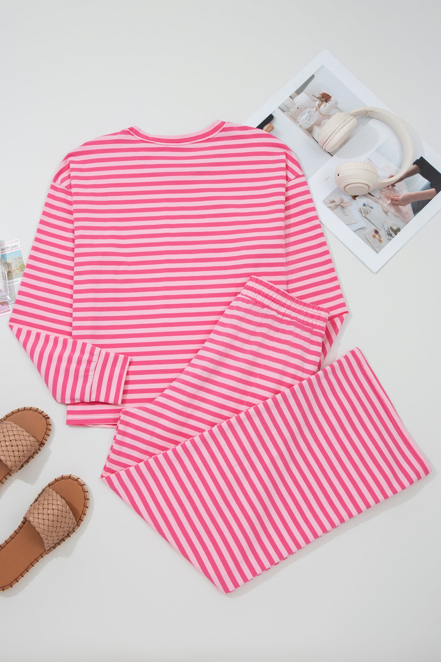 Rose Stripe Drop Shoulder Round Neck Top and Buttoned Straight Pants Two Piece Set-Two Piece Sets/Pant Sets-[Adult]-[Female]-2022 Online Blue Zone Planet