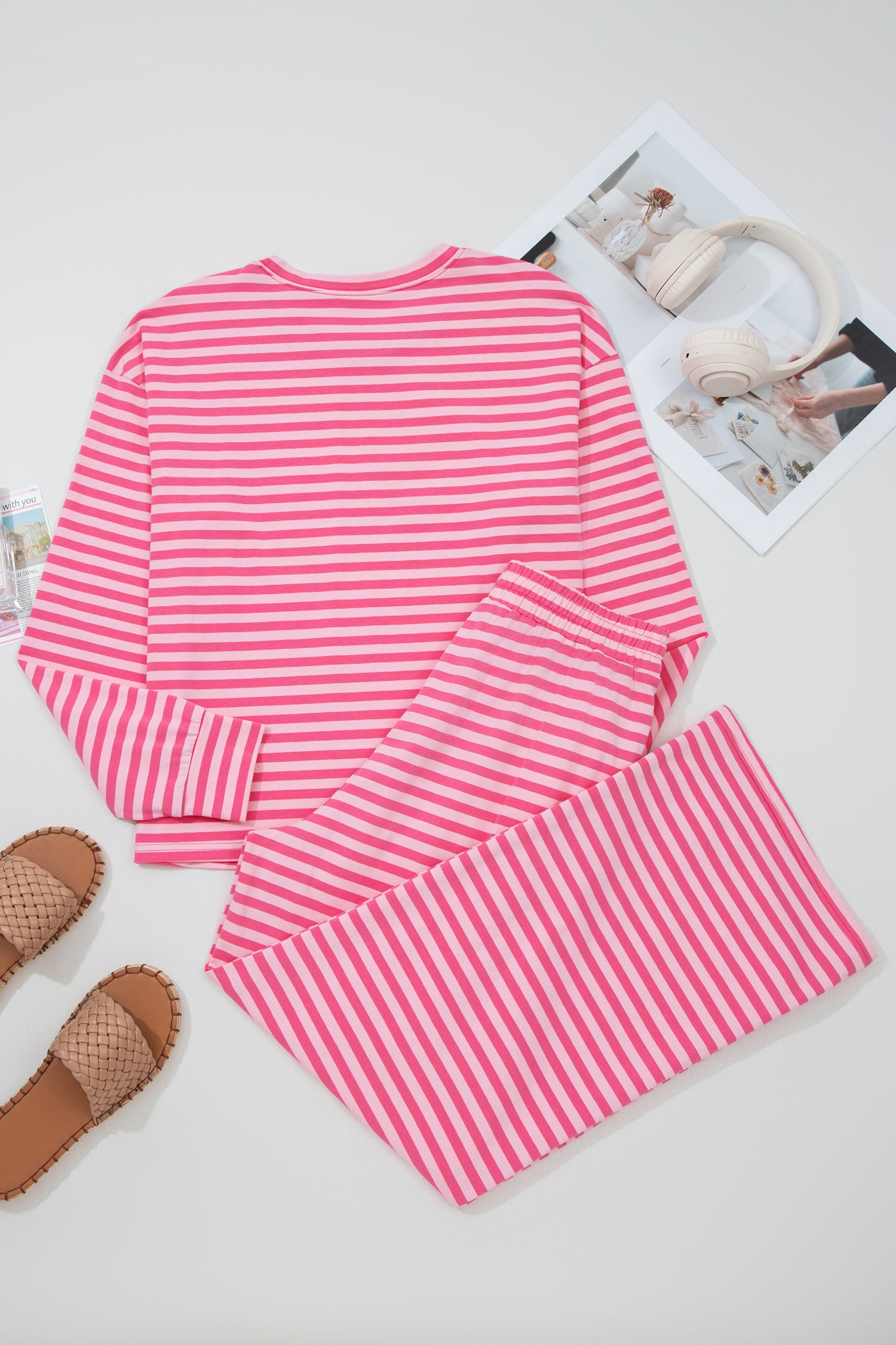 Rose Stripe Drop Shoulder Round Neck Top and Buttoned Straight Pants Two Piece Set-Two Piece Sets/Pant Sets-[Adult]-[Female]-2022 Online Blue Zone Planet